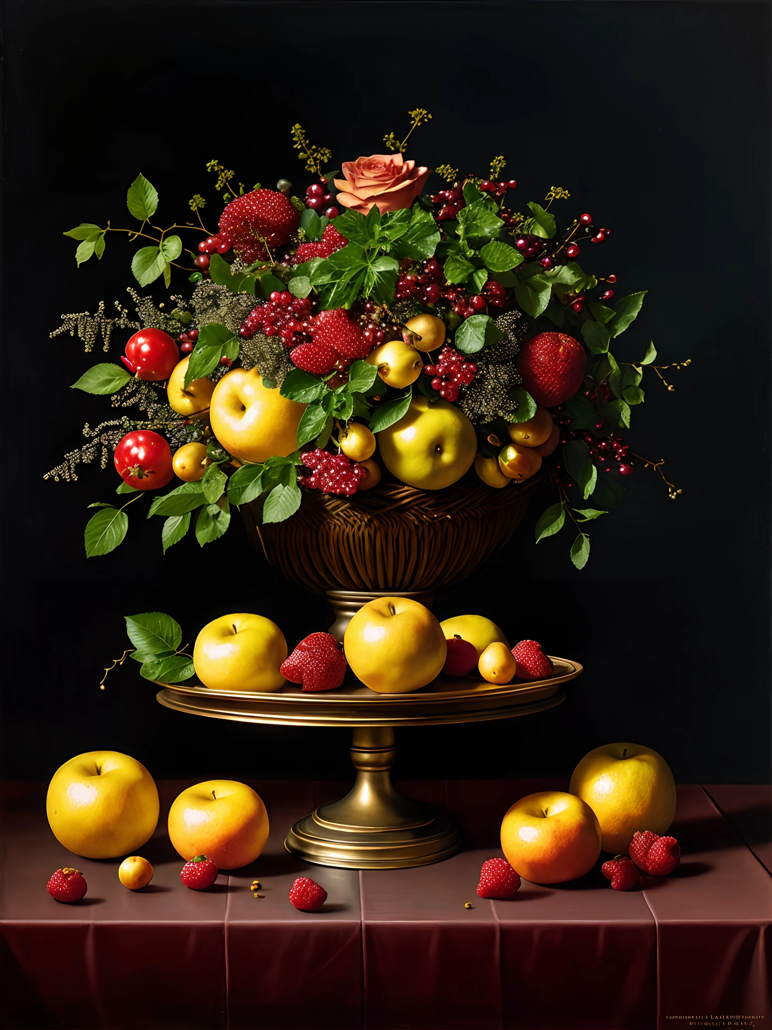 masutepiece, Best Quality, High quality, the Extremely Detailed CG Unity 8K Wallpapers, Two fruit baskets and a book on the table, Vladimir Borovikovsky&#39;Still Life, Polygraph competition winner, Hyper-Realism, still-life, Placeholder image of Renato Muccigio, Fruits and flowers, Vintage, photorealistic oil on canvas, Sergey Krasovsky, Nikolay Kopeikin, maxim sukharev, Fulk, Photorealistic, Extremely detailed, ArtStation Trends, CGsociety Trends, Convoluted, Highly detailed, Dramatic, Midway Art and Masterpieces, Best Quality, High quality, 8K UHD, Digital SLR, Soft lighting, High quality, Film grain, FUJI XT3