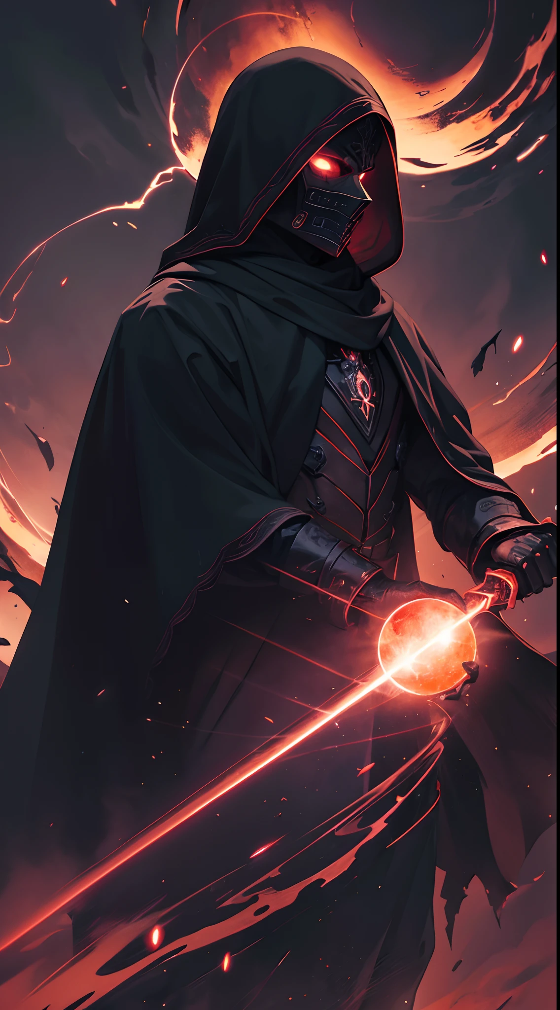official art, unity 8k wallpaper, ultra detailed, beautiful and aesthetic, beautiful, masterpiece, best quality, Dark, atmospheric, mystery, romanticism, macabre, literature, art, fashion, Victorian, ornamental, intricate, ironwork, lace, brooding, emotional depth, supernatural, (ultra Detailed scene) , (masterpiece) , man standing on cliff , long blue hooded robe , have scary mask , no face , a great and big sword on left hand ,darkness magic sword glowing red , blazing left hand , right hand has darkness magic orb , and darkness magic twirling him , , mist , ultra high detailed scene , a big rock at the back ground , rock has red glowing ruin , darkness magic controlling , one hand on fire the other on darkness magic  , heavy mist , dark horror scene , heavy black mist spinning him , blazing hand heavy pitch black smoke arising from him , hundred dark red glowing orb around him , view from back , dark mist around him , blazing sword , horror landscape , red moon , lightning from sky behind the scary tower