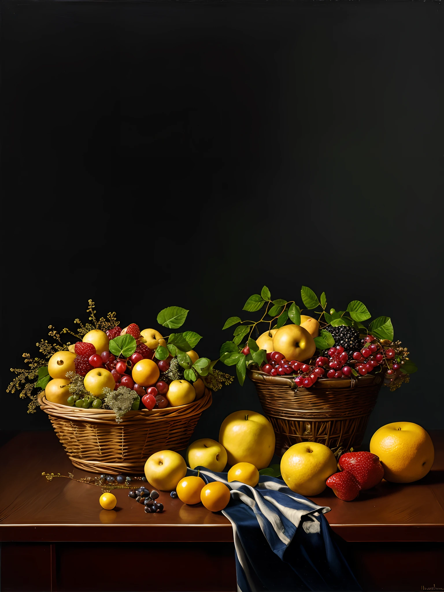 masutepiece, Best Quality, High quality, the Extremely Detailed CG Unity 8K Wallpapers, Two fruit baskets and a book on the table, Vladimir Borovikovsky&#39;Still Life, Polygraph competition winner, Hyper-Realism, still-life, Placeholder image of Renato Muccigio, Fruits and flowers, Vintage, photorealistic oil on canvas, Sergey Krasovsky, Nikolay Kopeikin, maxim sukharev, Fulk, Photorealistic, Extremely detailed, ArtStation Trends, CGsociety Trends, Convoluted, Highly detailed, Dramatic, Midway Art and Masterpieces, Best Quality, High quality, 8K UHD, Digital SLR, Soft lighting, High quality, Film grain, FUJI XT3