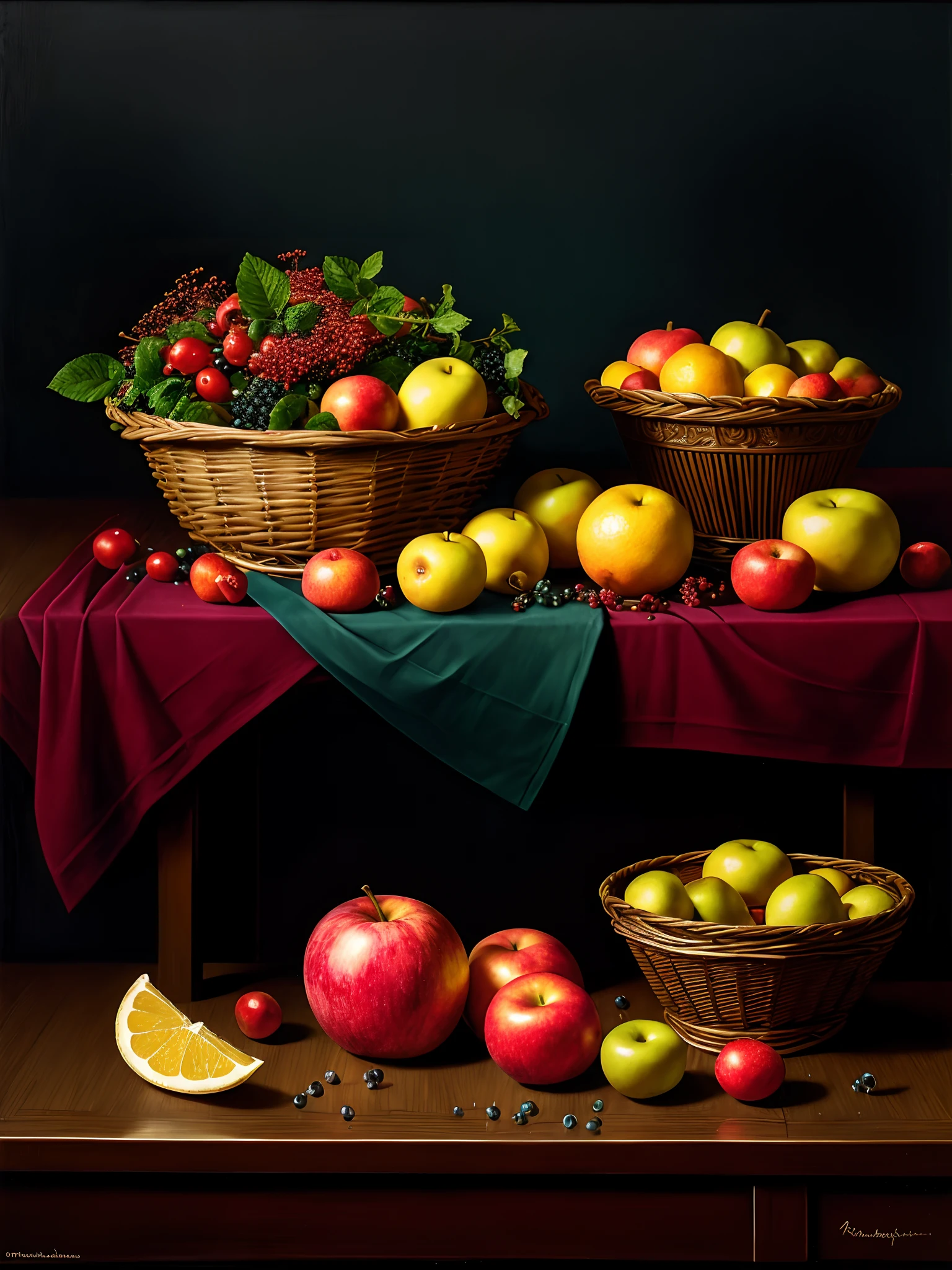 masutepiece, Best Quality, High quality, the Extremely Detailed CG Unity 8K Wallpapers, Two fruit baskets and a book on the table, Vladimir Borovikovsky'Still Life, Polygraph competition winner, Hyper-Realism, still-life, Placeholder image of Renato Muccigio, Fruits and flowers, Vintage, photorealistic oil on canvas, Sergey Krasovsky, Nikolay Kopeikin, maxim sukharev, Fulk, Photorealistic, Extremely detailed, ArtStation Trends, CGsociety Trends, Convoluted, Highly detailed, Dramatic, Midway Art and Masterpieces, Best Quality, High quality, 8K UHD, Digital SLR, Soft lighting, High quality, Film grain, FUJI XT3