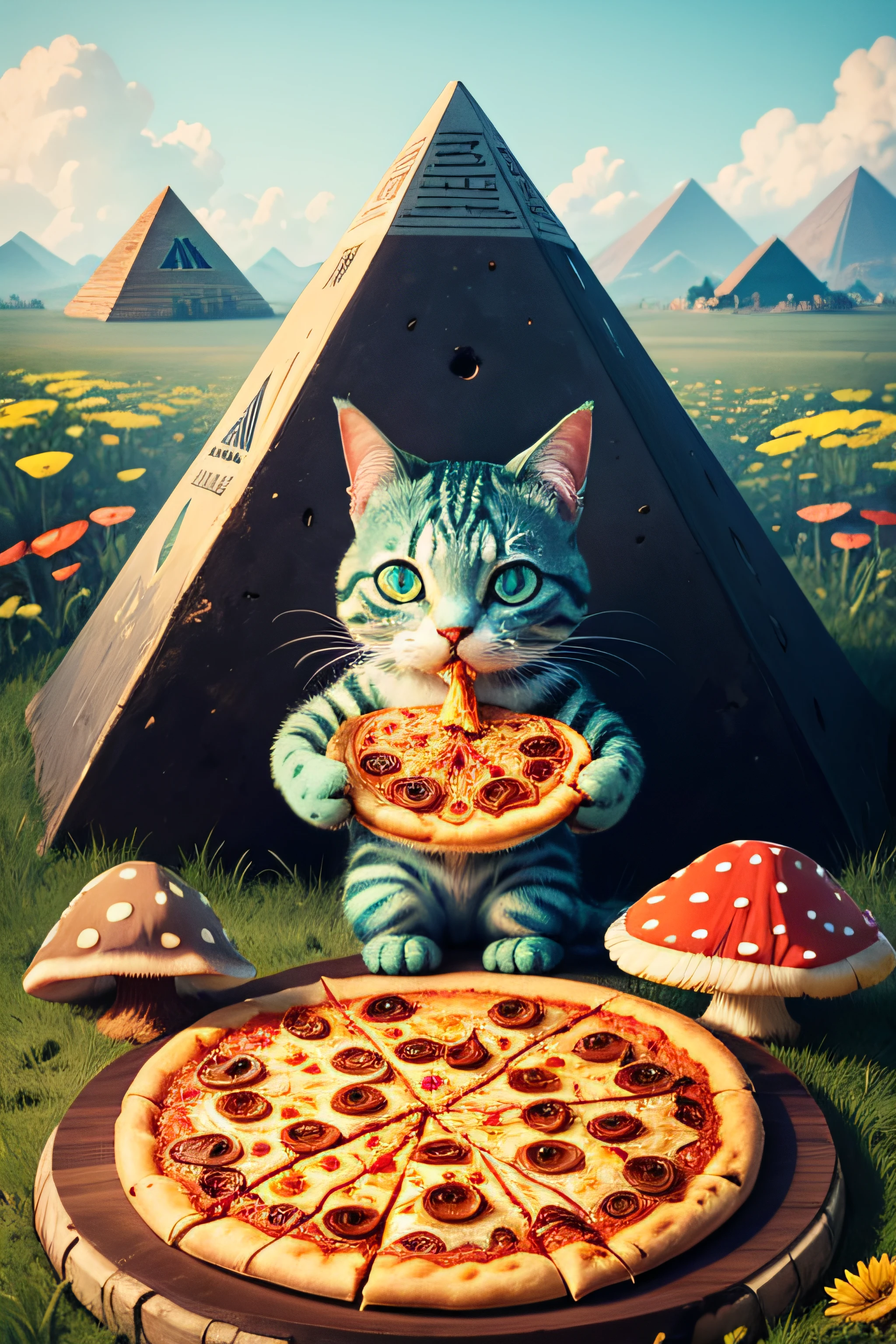 alien cat is eating pizza on top of a pyramid surrounded by wild flowers and mushrooms.