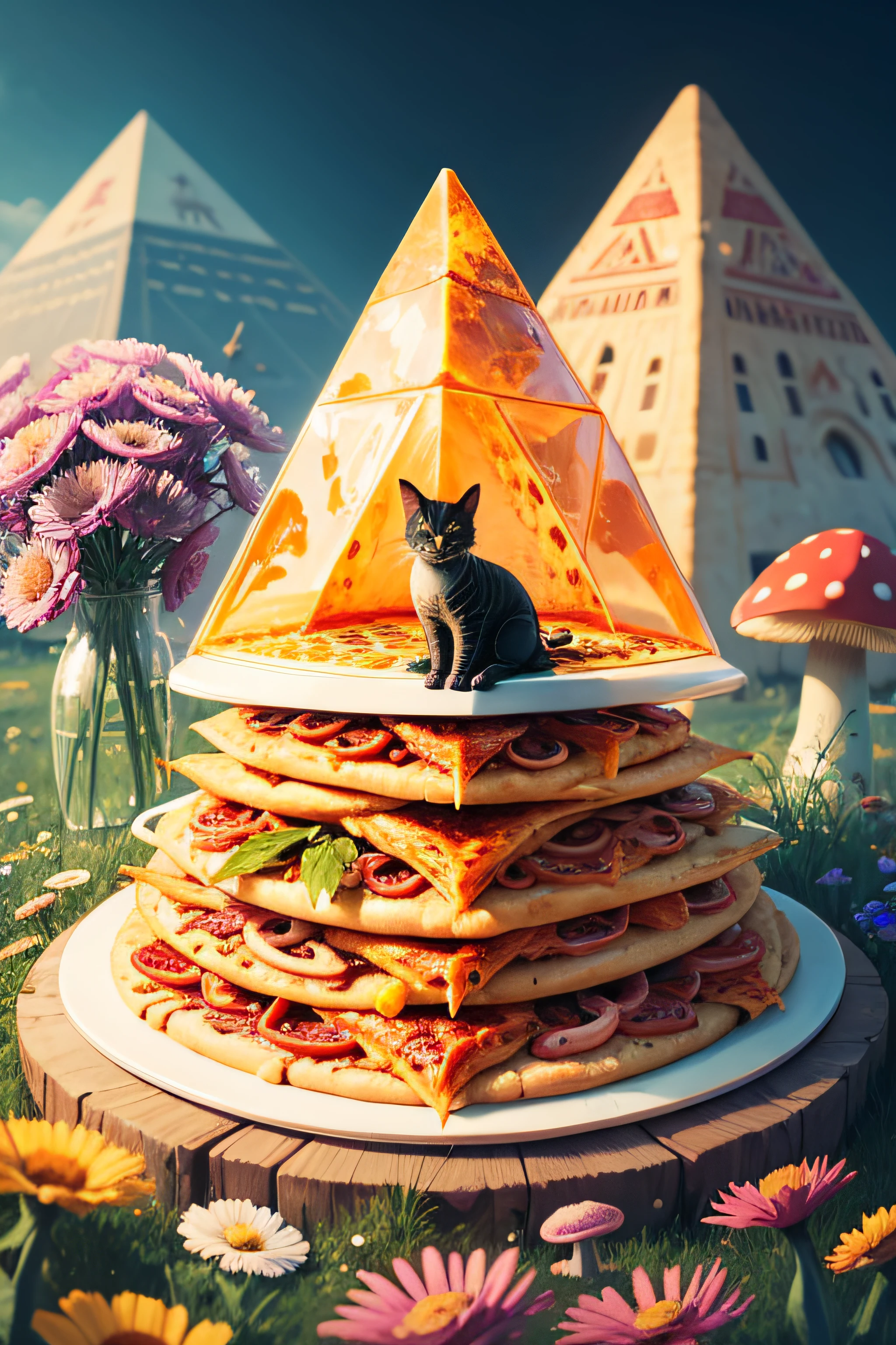 alien cat is eating pizza on top of a pyramid surrounded by wild flowers and mushrooms.