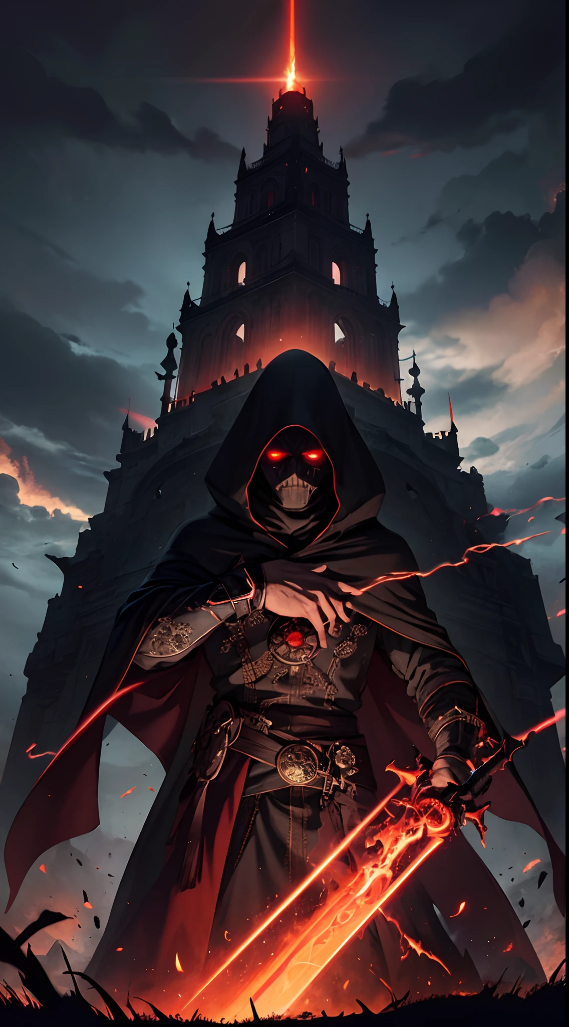 official art, unity 8k wallpaper, ultra detailed, beautiful and aesthetic, beautiful, masterpiece, best quality, Dark, atmospheric, mystery, romanticism, macabre, literature, art, fashion, Victorian, ornamental, intricate, ironwork, lace, brooding, emotional depth, supernatural, (ultra Detailed scene) , (masterpiece) , man standing on cliff , long blue hooded robe , have scary mask , no face , a great and big sword on left hand ,darkness magic sword glowing red , blazing left hand , right hand has darkness magic orb , and darkness magic twirling him , , mist , ultra high detailed scene , a big rock at the back ground , rock has red glowing ruin , darkness magic controlling , one hand on fire the other on darkness magic , heavy mist , dark horror scene , heavy black mist spinning him , blazing hand heavy pitch black smoke arising from him , hundred dark red glowing orb around him , view from back , dark mist around him , blazing sword , horror landscape , red moon , lightning from sky behind the scary tower