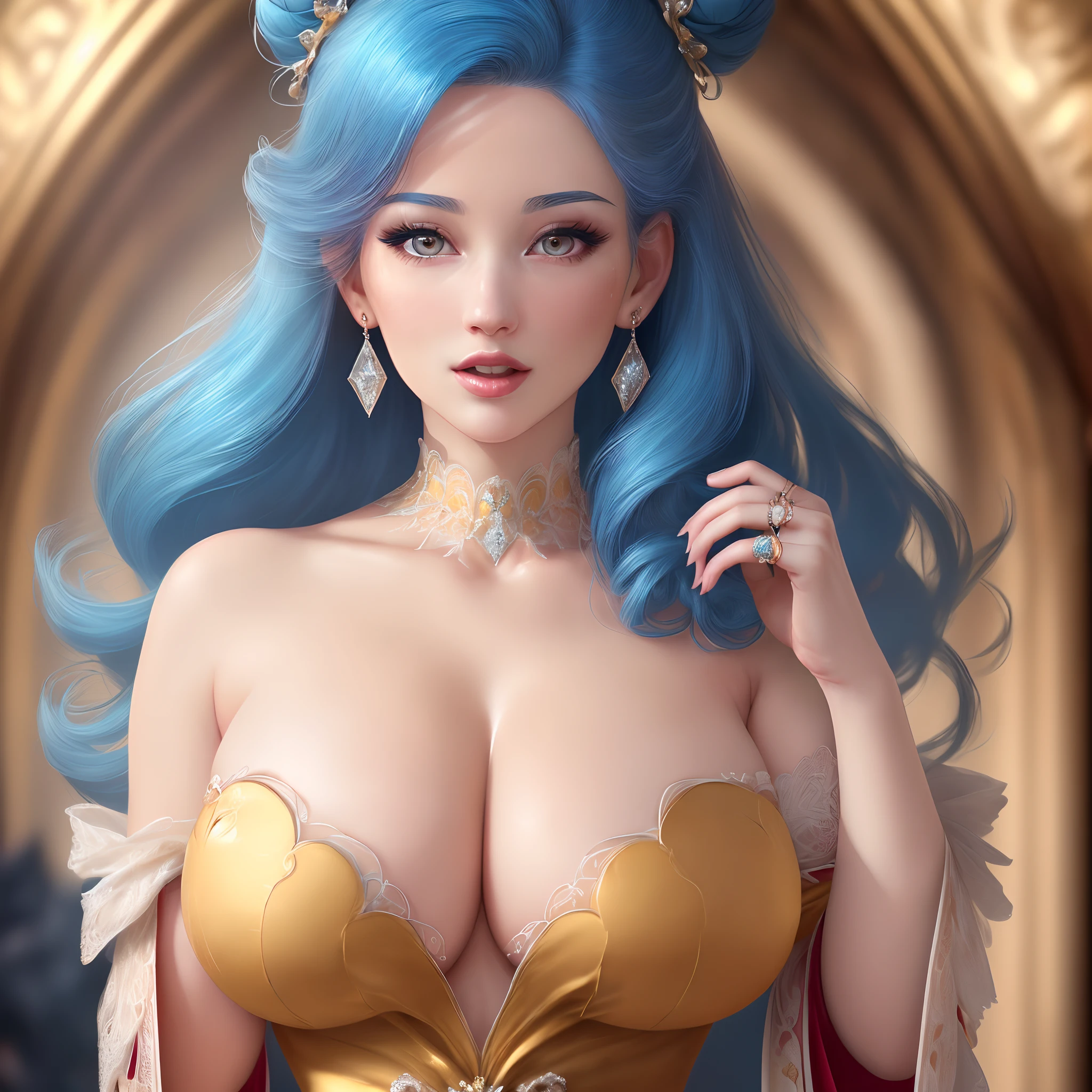 ((realisticity: 1.2)), ((realistic: 8K UHD)), ((best resolution: 8K UHD)), hyper detailed, best quality,masterpiece,highres,cg, ((1 girl hyper detailed and hyper realistic) ) , ((beautiful queen, hyper realistic and hyper detailed)),((white skin, beautiful, smooth, youthful, hyper realistic and hyper detailed )), ((Face hyper beautiful, white, hyper realistic and hyper detailed ) ), long hair, ((hyper realistic and hyper detailed dress)), solo, ((hyper realistic, hyper beautiful, beautiful and hyper detailed jewelry)), ((hyper beautiful deep red and golden yellow dress, hyper realistic and hyper detailed )) , ((Her pretty, hyper realistic, hyper detailed diamond filled earrings)), ((Her gorgeous diamond haircut, hyper realistic and hyper detailed)), ((hyper pretty upper body, hyper beautiful, hyper realistic and hyper detailed) ), ((huge breast: 2.3)), ((hyper realistic, hyper pretty, hyper detailed boobs)),   ((the backgroun of the royal palace is hyper majestic, hyper realistic and hyper detailed)),((hands and palms hyper beautiful, hyper detailed, hyper realistic)), ((fingers: pinky finger, index finger, ring finger, middle finger, and thumb hyper realistic, hyper detailed, hyper beautiful)), ((hyper pretty, hyper pretty, hyper realistic and hyper detailed hair bun)), ((hyper pretty , hyper realistic and hyper detailed blue hair)), candid, Photo, high resolution, 8k , bokeh,