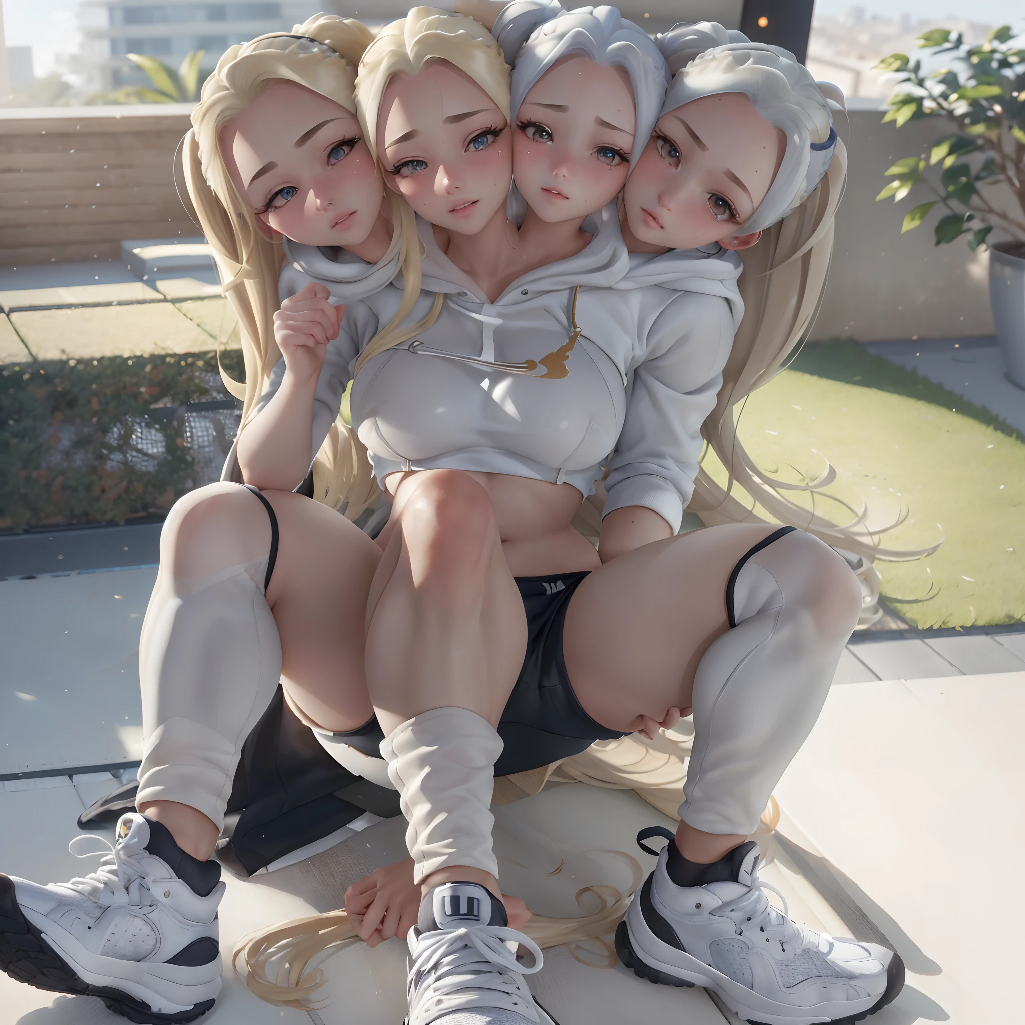 (ultra realisic, A highly detailed: 1.4), beste-Qualit, Masterpiece 3 Girls, blonde woman, running, hoody, sweatpants, exteriors, sweats, Tired, sneakers ((Three heads, 3 heads):1.4)