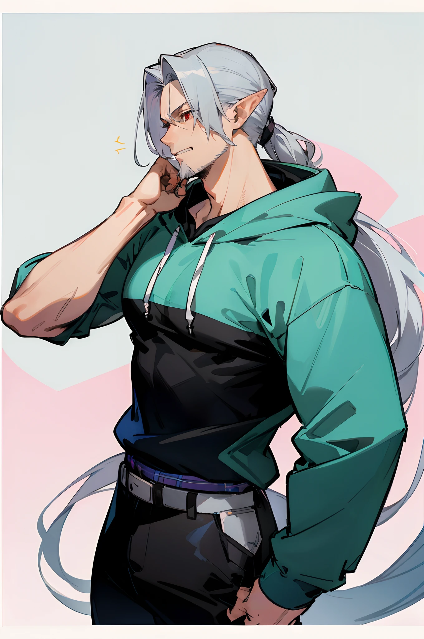 (masterpiece, best quality) detailed, 1Character , blue archive art style , wearing a plaid hoodie, black pants , Handsome man, ((gray stubble :1.1)) , red eyes , elf ears , extremely long hair , ((silver hair)) , hair in a ponytail, lean , muscular ,((male:2 )), age 41, pastel washed out colors , cell shade ,
