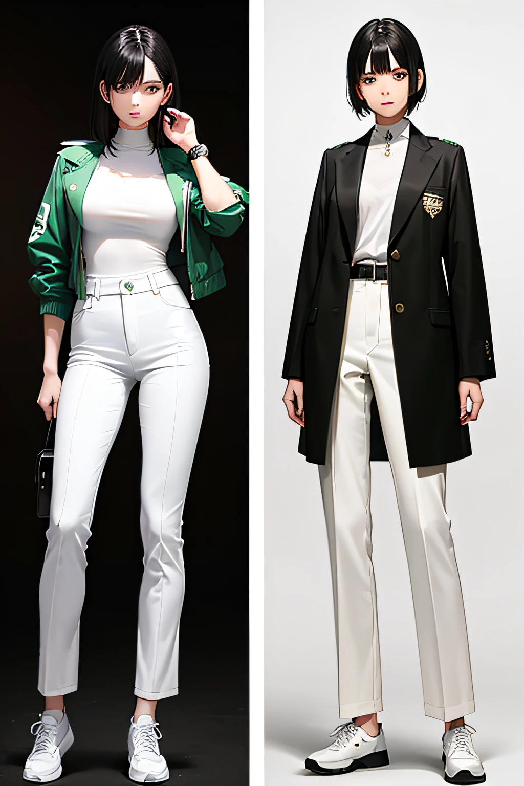 a beautiful 20 year old woman with a height of 165 cm, white skin, black eyes and layered black hair. He wore a watch, a green jacket, white pants, and white shoes, full body