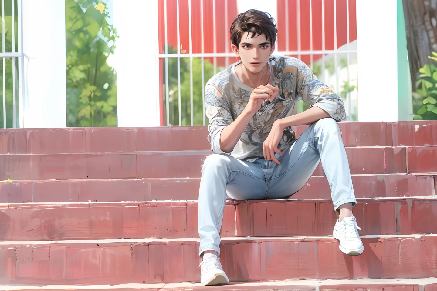 (absurdres, highres, ultra detailed, HDR), masterpiece, best quality, 1boy, solo, handsome, dark brown hair, finely eye and detailed face, forehead, ((loose white t-shirt)), sneaker, (pale and white skin), look at viewer, ear piecing, , smile, sitting on bench, park in background, full body view, realistic face and body, high quality picture