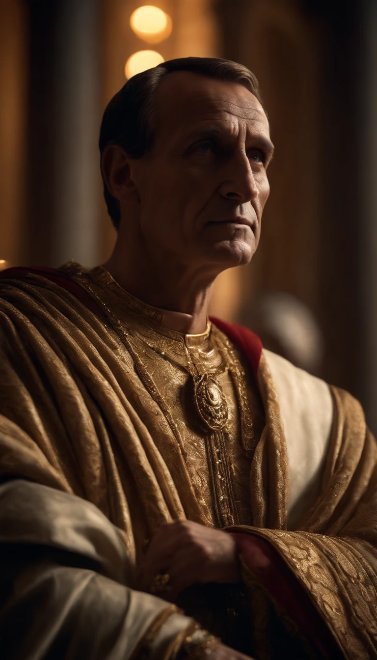 Emperor Julius Caesar in an ancient Roman court room, majestic and powerful, (best quality, 4k, highres, masterpiece:1.2), ultra-detailed, (realistic:1.37), HDR, studio lighting, extreme detail description, professional, vivid colors, bokeh, oil painting, portraits, detailed facial features, intense gaze, strong chin, regal demeanor, golden crown, intricate robe, marble pillars, mosaic floor, grand windows, flickering candlelight, dramatic shadows.