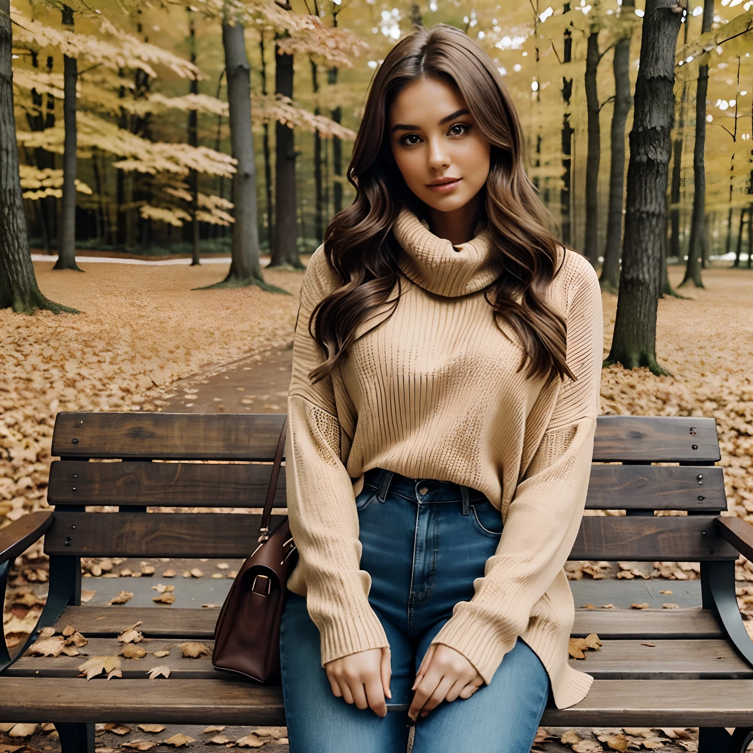 Generate full-body photography of Autumn, the stunning brunette influencer. She should appear in her mid-20s, approximately 5'4" tall, with long, wavy chestnut hair that falls gracefully on her shoulders. She has an athletic hourglass figure accentuated by her full bust. Her complexion should be flawless, with a warm, sun-kissed tan. Autumn's expressive brown eyes should radiate charisma, and she should have a relaxed and confident demeanor.Autumn is dressed in a stylish fall outfit. She wears a cozy, oversized sweater in earthy tones that complement the changing leaves. Her jeans fit comfortably, and she's sporting fashionable ankle boots suitable for walking among the fallen leaves. A matching scarf adds a touch of warmth and sophistication.Place Autumn in a picturesque autumn forest setting. Surround her with vibrant fall foliage, including red, orange, and yellow leaves. The background should showcase the beauty of the season, with trees and a gentle breeze rustling the leaves.For poses, capture Autumn in relaxed and natural positions. She can be seen strolling through the forest, admiring the foliage, or sitting on a rustic bench, enjoying the serene atmosphere. Encourage her to engage with the environment by collecting leaves or simply reveling in the beauty of autumn.Ensure the image conveys the essence of a peaceful and elegant fall day, emphasizing Autumn's connection with nature and the changing seasons