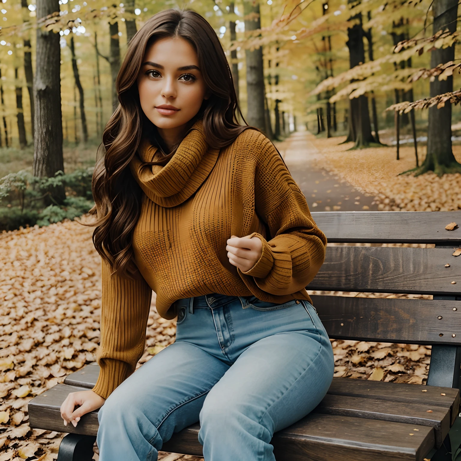 Generate full-body photography of Autumn, the stunning brunette influencer. She should appear in her mid-20s, approximately 5'4" tall, with long, wavy chestnut hair that falls gracefully on her shoulders. She has an athletic hourglass figure accentuated by her full bust. Her complexion should be flawless, with a warm, sun-kissed tan. Autumn's expressive brown eyes should radiate charisma, and she should have a relaxed and confident demeanor.Autumn is dressed in a stylish fall outfit. She wears a cozy, oversized sweater in earthy tones that complement the changing leaves. Her jeans fit comfortably, and she's sporting fashionable ankle boots suitable for walking among the fallen leaves. A matching scarf adds a touch of warmth and sophistication.Place Autumn in a picturesque autumn forest setting. Surround her with vibrant fall foliage, including red, orange, and yellow leaves. The background should showcase the beauty of the season, with trees and a gentle breeze rustling the leaves.For poses, capture Autumn in relaxed and natural positions. She can be seen strolling through the forest, admiring the foliage, or sitting on a rustic bench, enjoying the serene atmosphere. Encourage her to engage with the environment by collecting leaves or simply reveling in the beauty of autumn.Ensure the image conveys the essence of a peaceful and elegant fall day, emphasizing Autumn's connection with nature and the changing seasons