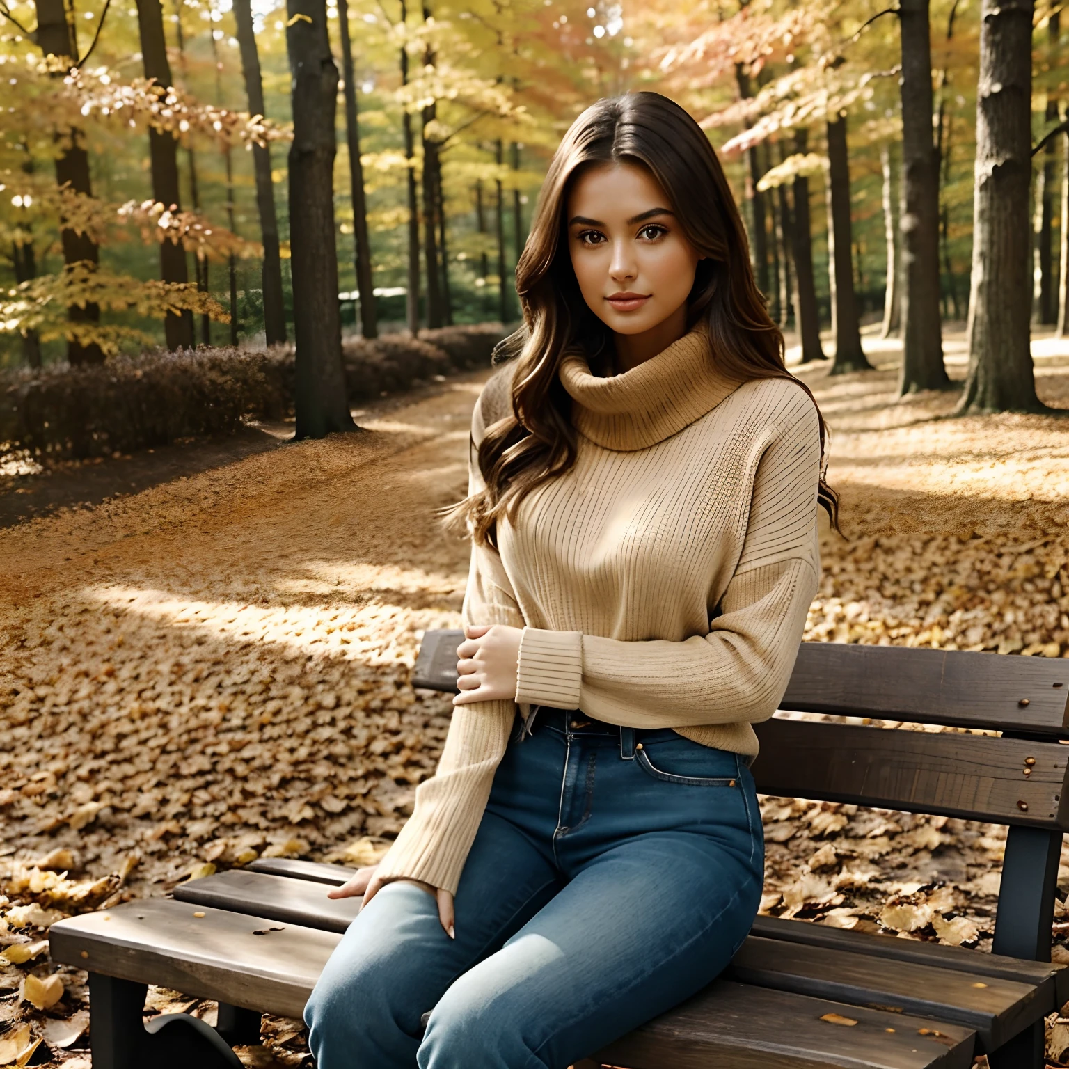 Generate full-body photography of Autumn, the stunning brunette influencer. She should appear in her mid-20s, approximately 5'4" tall, with long, wavy chestnut hair that falls gracefully on her shoulders. She has an athletic hourglass figure accentuated by her full bust. Her complexion should be flawless, with a warm, sun-kissed tan. Autumn's expressive brown eyes should radiate charisma, and she should have a relaxed and confident demeanor.Autumn is dressed in a stylish fall outfit. She wears a cozy, oversized sweater in earthy tones that complement the changing leaves. Her jeans fit comfortably, and she's sporting fashionable ankle boots suitable for walking among the fallen leaves. A matching scarf adds a touch of warmth and sophistication.Place Autumn in a picturesque autumn forest setting. Surround her with vibrant fall foliage, including red, orange, and yellow leaves. The background should showcase the beauty of the season, with trees and a gentle breeze rustling the leaves.For poses, capture Autumn in relaxed and natural positions. She can be seen strolling through the forest, admiring the foliage, or sitting on a rustic bench, enjoying the serene atmosphere. Encourage her to engage with the environment by collecting leaves or simply reveling in the beauty of autumn.Ensure the image conveys the essence of a peaceful and elegant fall day, emphasizing Autumn's connection with nature and the changing seasons