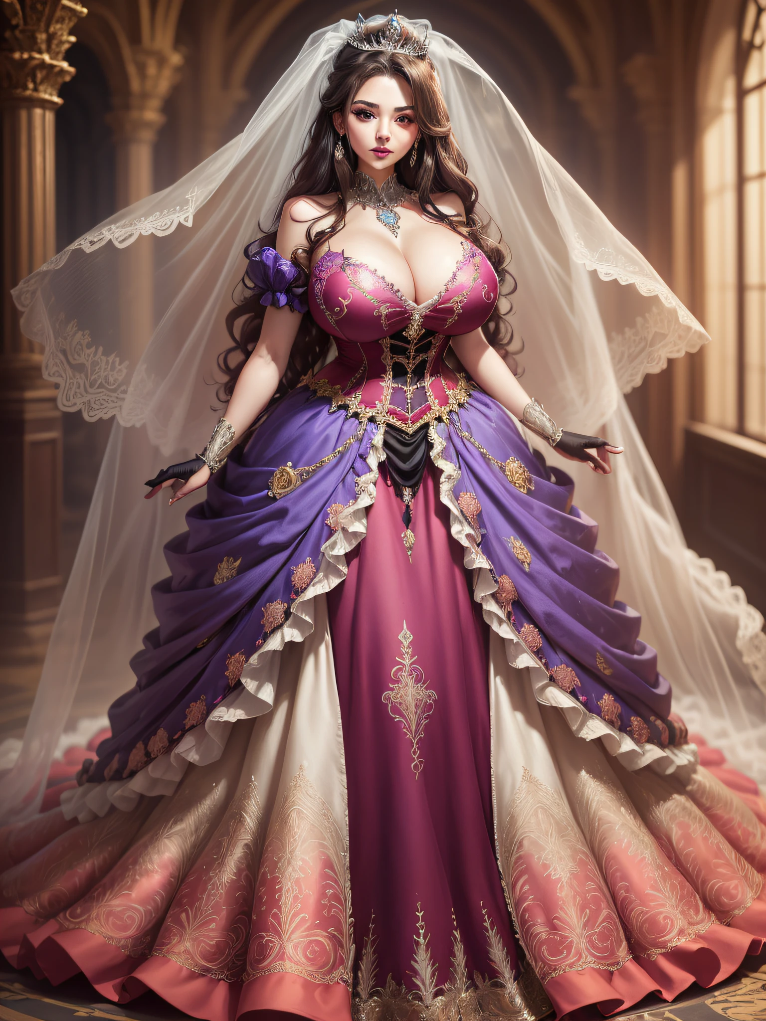 ((anime artstyle)),(Masterpiece),(Best Quality), (Super Detail),((Very Delicate and Beautiful)),cinematic lighting,1 girl,((full body portrait)),((standing in garden)),((solo)),(((1 fairytale princess in gorgeous embroidery and jeweled extremely gorgeous princess ballgown with voluminous full length hoop skirt))),an hourglass waist,padded and corseted bodice,(((huge crinoline hoopskirt))),long train,((gorgeous embroidery and jeweled)),voluminous frills,See-through,(gorgeous embroidery and beautiful lace),(((extremely gigantic tits,skindentation))),cleavage,((large amount of straight hair,extremely voluminous Straight long Hair,Very Long Straight Hair)),(finely detailed face and eyes),clear pupil,extremely gorgeousfull hair ornament,(bling-bling jeweled extremely gorgeousfull tiara),(bling-bling gorgeous gemstone jewelry),gorgeous long veil,((opera gloves)),(beautiful background),(full body),((gorgeous embroidery and jeweled extremely gorgeous princess ballgown with voluminous full length hoop skirt))