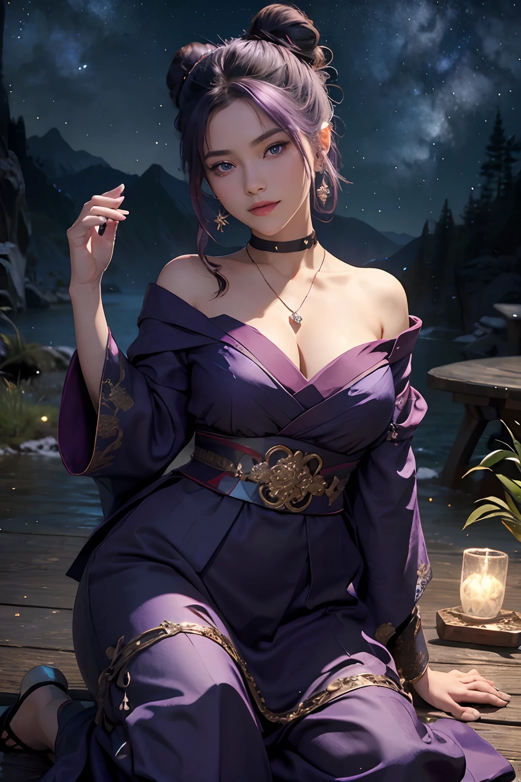 Masterpiece, Best quality, Masterpiece,Best quality,offcial art,Extremely detailed Cg Unity 8K wallpaper, Night, stars, against backlight at dusk, Realistic, Photo, Real, landscape/scenery, Huge_filesize, the wallpaper, A MILF, Long hair, Purple hair, curly_Hair, Makeup , Light smile, Blue eyes, Medium breasts, Japanese_clothes, Obi, hair-bun, double bun hair, Earrings, jewelry, pendant, Black choker , wariza/W-sitting, Sit on the, Lying ,