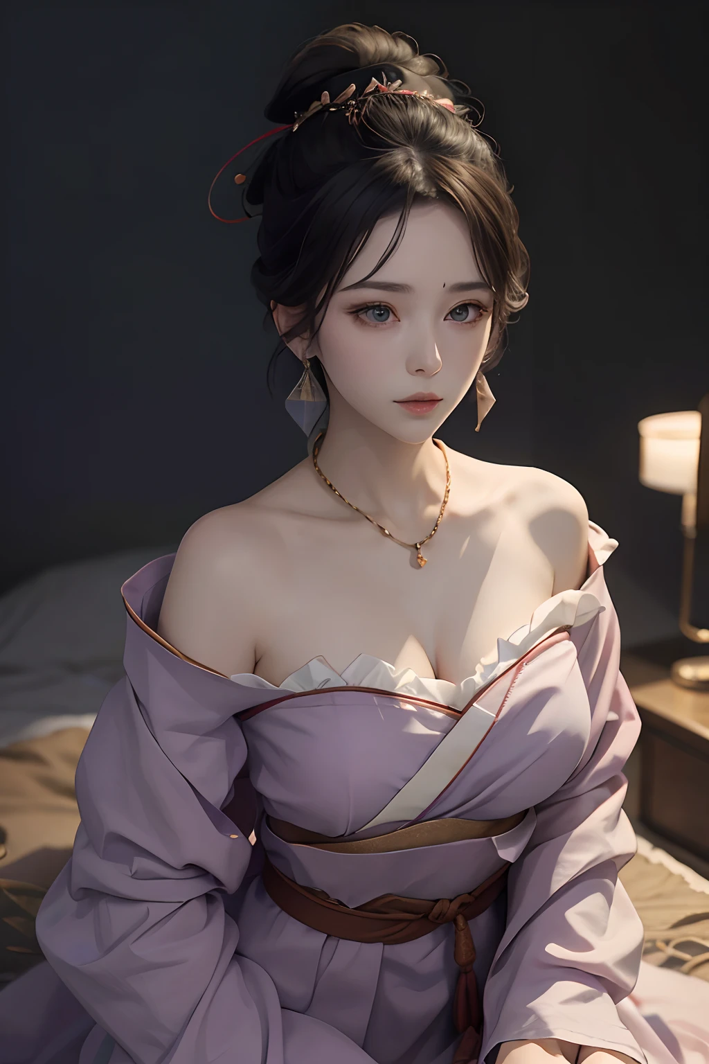 Masterpiece, Best quality, Masterpiece,Best quality,offcial art,Extremely detailed Cg Unity 8K wallpaper, Night, stars, against backlight at dusk, Realistic, Photo, Real, landscape/scenery, Huge_filesize, the wallpaper, A MILF, Long hair, Purple hair, curly_Hair, Makeup , Light smile, Blue eyes, Medium breasts, Japanese_clothes, Obi, hair-bun, double bun hair, Earrings, jewelry, pendant, Black choker , wariza/W-sitting, Sit on the, Lying ,