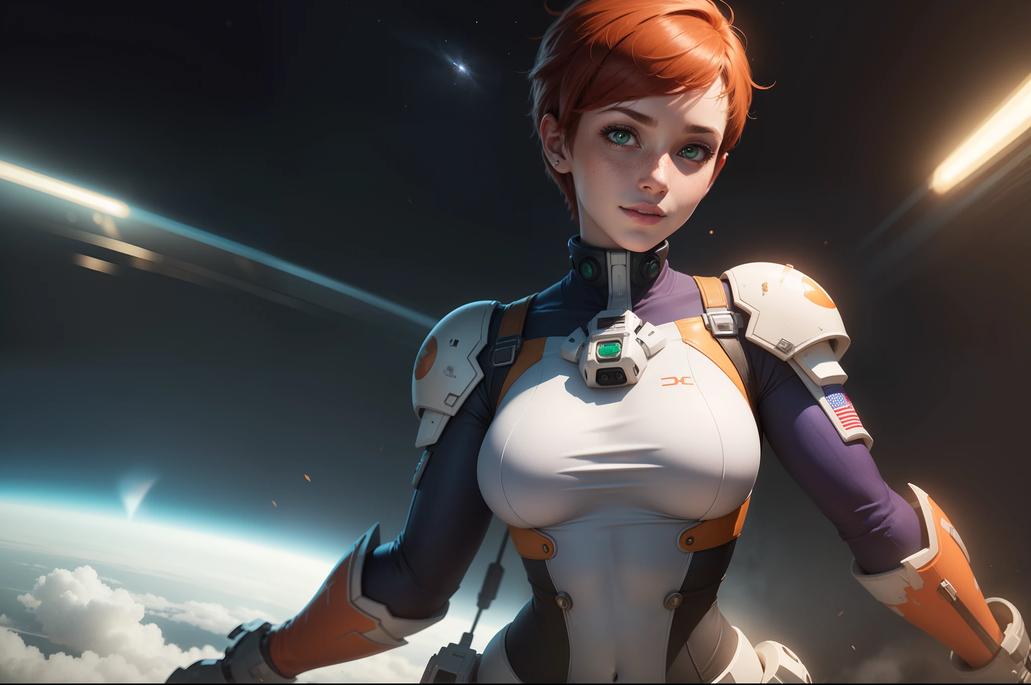 gwen tennyson,tracer,samus,rebecca chambers,overwatch,gundam,1girl,close up,mecha pilot,space port,mecha space suit,space marine,pirate corset, white long sleeve lycra top,white leggings,short hair,war makeup,green eyes,orange hair,purple highlights,shy smile,freckles,redhead,beautiful girl,large breasts,ultra detailed,realistic,fantasy art,