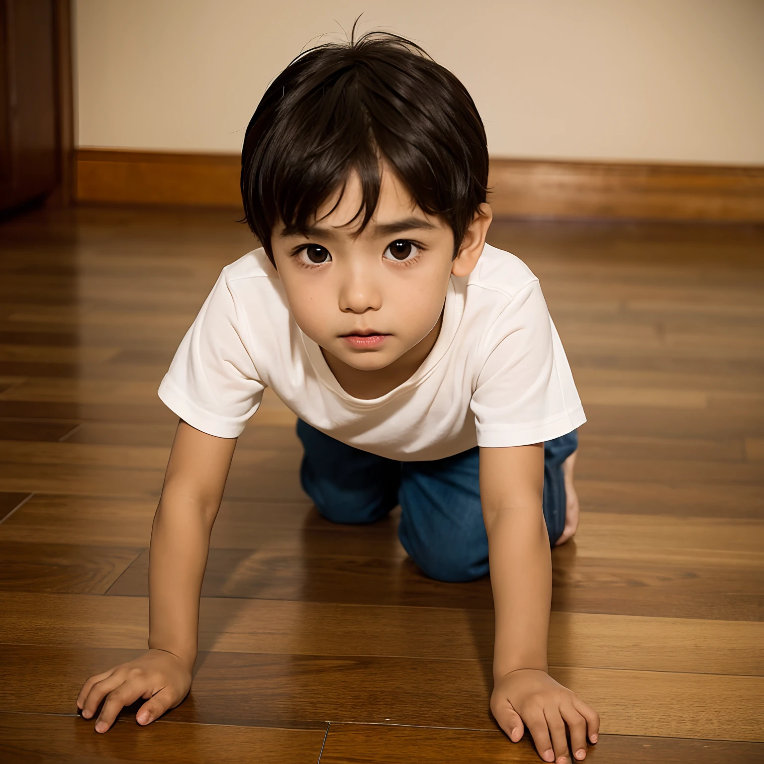 Boy with big brown eyes crawls on the floor towards his father