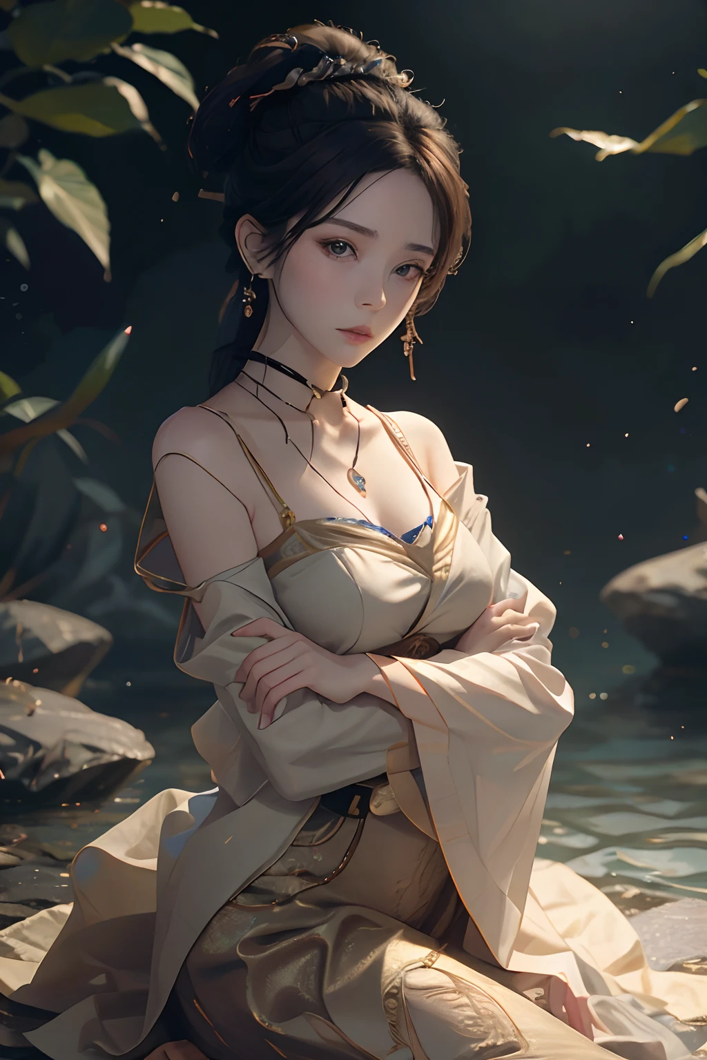 Masterpiece, Best quality, Masterpiece,Best quality,offcial art,Extremely detailed Cg Unity 8K wallpaper, Night, stars, against backlight at dusk, Realistic, Photo, Real, landscape/scenery, Huge_filesize, the wallpaper, A MILF, Long hair, Purple hair, curly_Hair, Makeup , Light smile, Blue eyes, Medium breasts, Japanese_clothes, Obi, hair-bun, double bun hair, Earrings, jewelry, pendant, Black choker , wariza/W-sitting, Sit on the, Lying ,