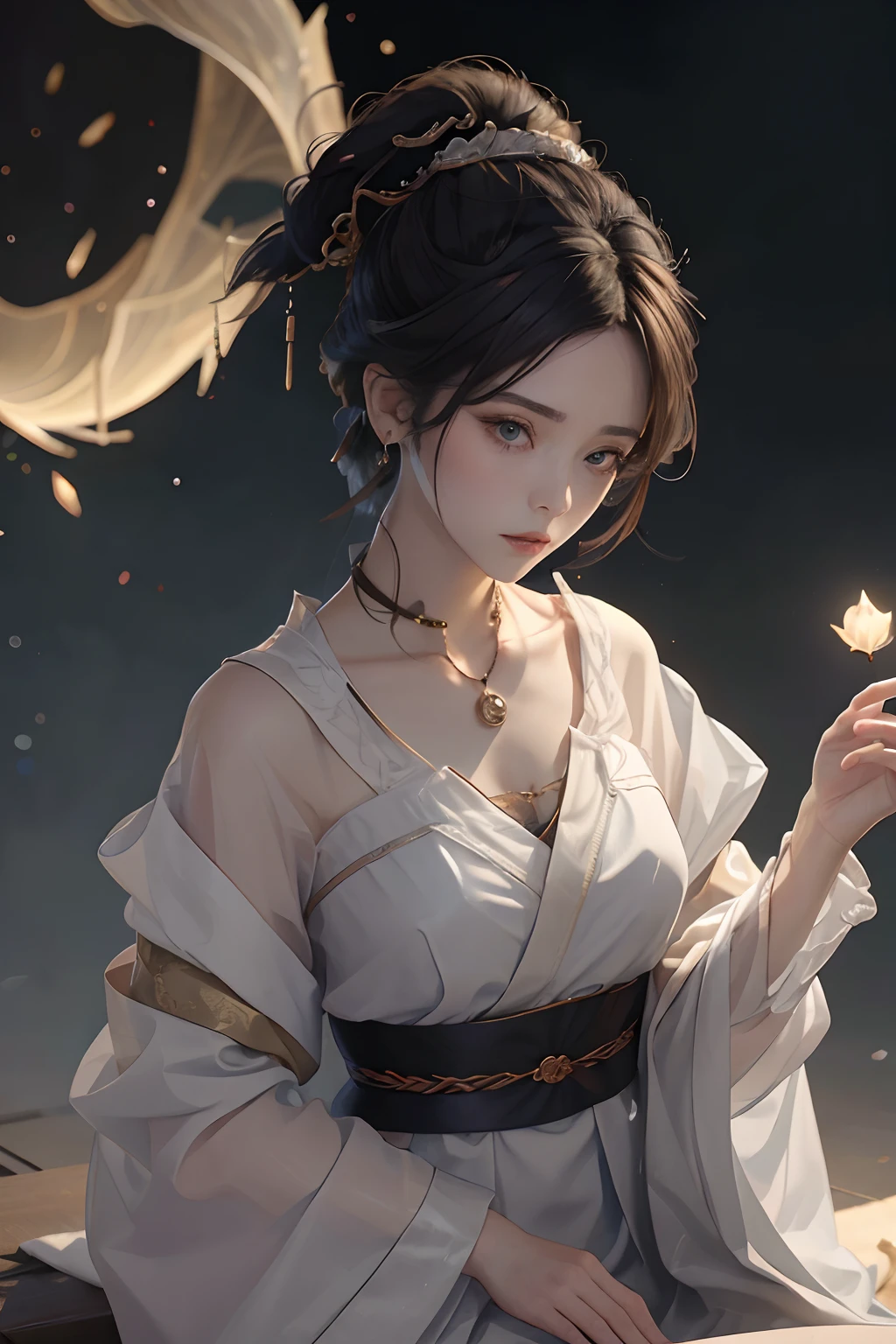 Masterpiece, Best quality, Masterpiece,Best quality,offcial art,Extremely detailed Cg Unity 8K wallpaper, Night, stars, against backlight at dusk, Realistic, Photo, Real, landscape/scenery, Huge_filesize, the wallpaper, A MILF, Long hair, Purple hair, curly_Hair, Makeup , Light smile, Blue eyes, Medium breasts, Japanese_clothes, Obi, hair-bun, double bun hair, Earrings, jewelry, pendant, Black choker , wariza/W-sitting, Sit on the,  Lying ,