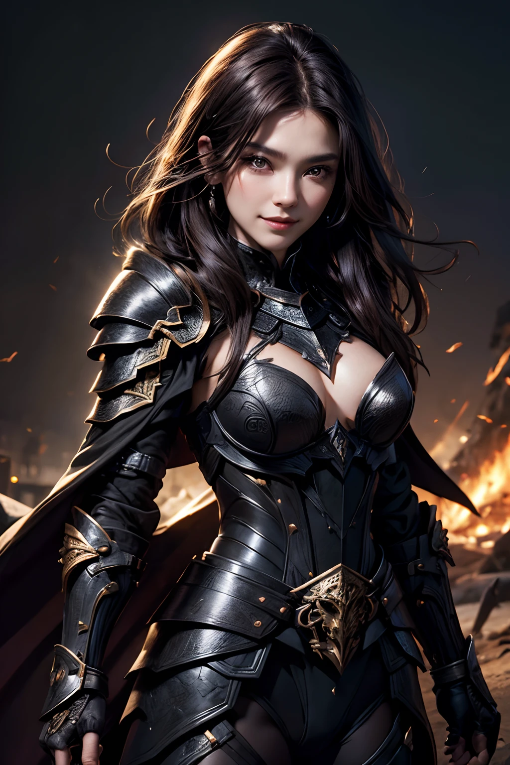 One Beautiful Woman。Detailed face。Smiling and bewitching。Dark brown hair。He wears black armor with a scorpion motif.。The chest area is emphasized。８K image quality。Masterpiece。