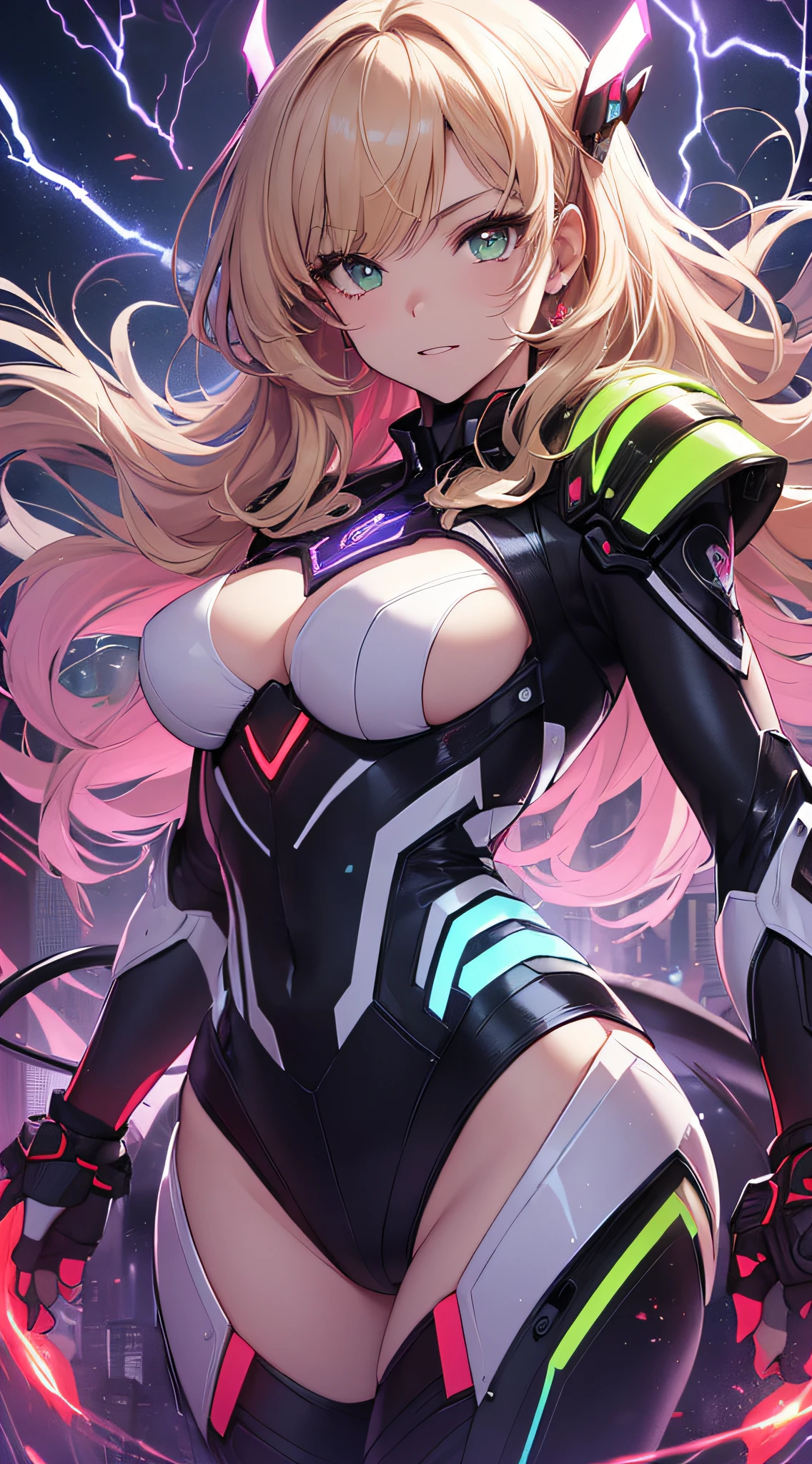 top-quality、Top image quality、masterpiece、Android Girl((、Red, Black, Red and white glowing cybersuit、Blue energy source for the chest,Best Bust、Bust 90、Blonde Away Tail、Blue-green eyes、open chest wide、Valley、Happiness、A slender、Warlike face、Stand at the front、Countless cable connections throughout the body、Particles of light、Sharp claw arm,Dual-arm laser cannon、battered body、battleing、Giant Cybersword、Flight Units、mid air、Glowing eyes))hiquality、Beautiful Art、Background with((Blue lighting、Green particles、Red Laser Pointer、Purple swirl,Yellow flash、Pink lightning、Cyberfield、luminous sky,Overlooking the town))、masutepiece、Elaborate design、visualart、Theatrical films