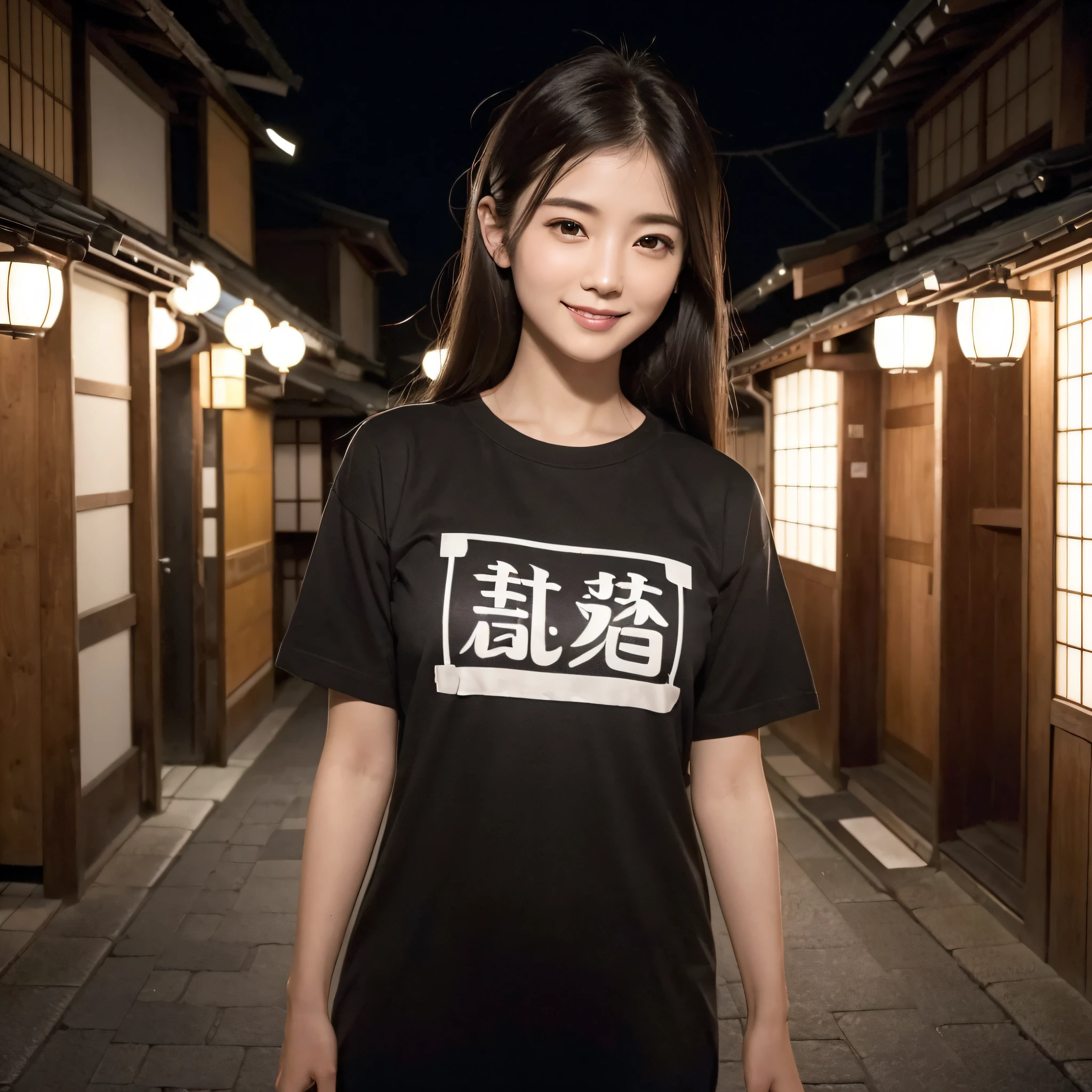 One beauty、((best qualtiy、8k masterpieces:1.3))、foco nítido:1.2、(ultra beautiful faces:1.0)、(shinny skin:1.0)、photos realistic、A dark-haired、Video Lighting、High-definition eyes and face、Video Lighting、25-year-old Japan actress、from the front side、medium breasts、Smile、Slender Abs Beauty、Whole body、Wearing a T-shirt with Japan kanji written on it、In Kyoto at night