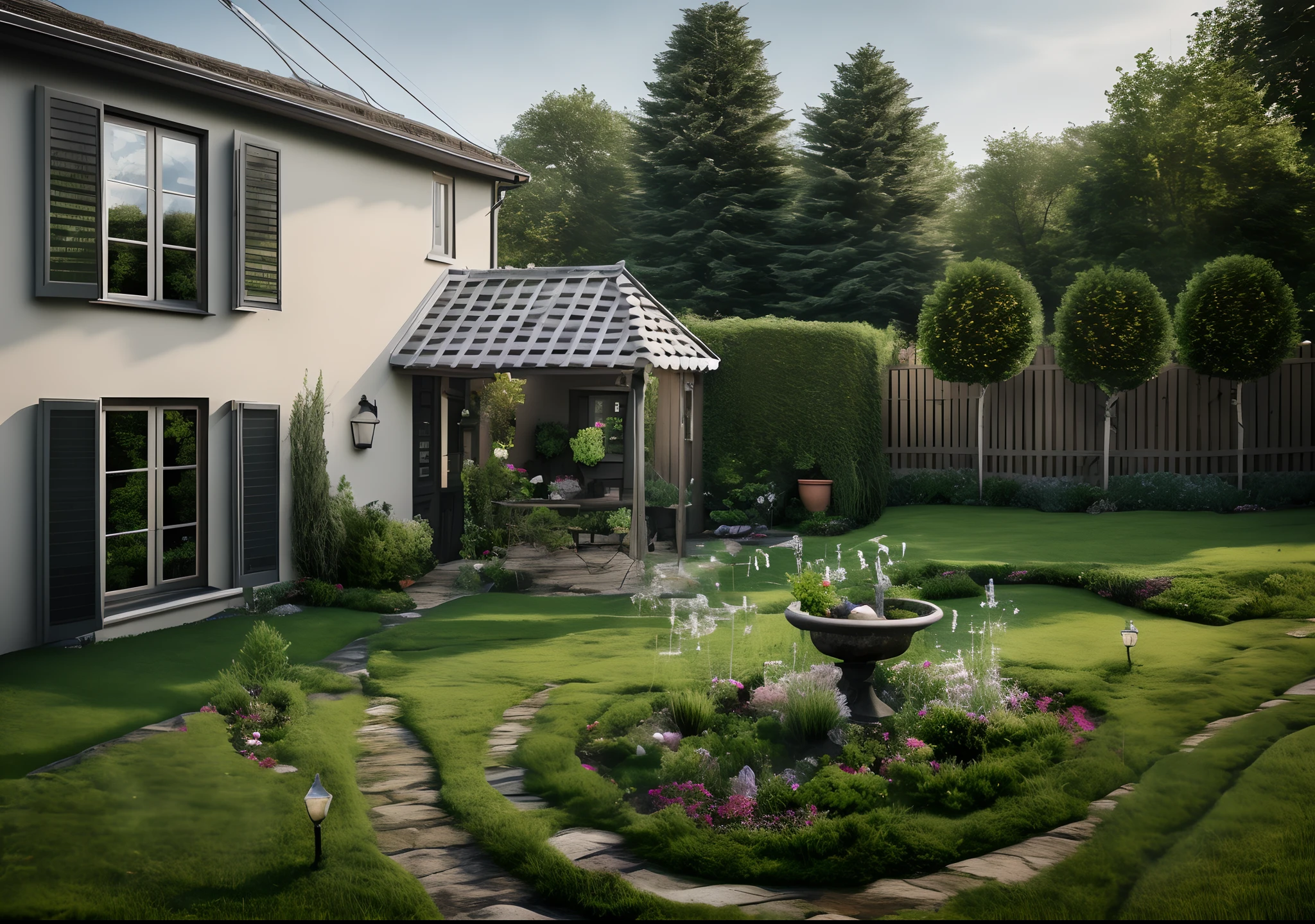 (( best quality)) (( ultral realistic)) photo of garden, close of small house , stone on grass, grass way