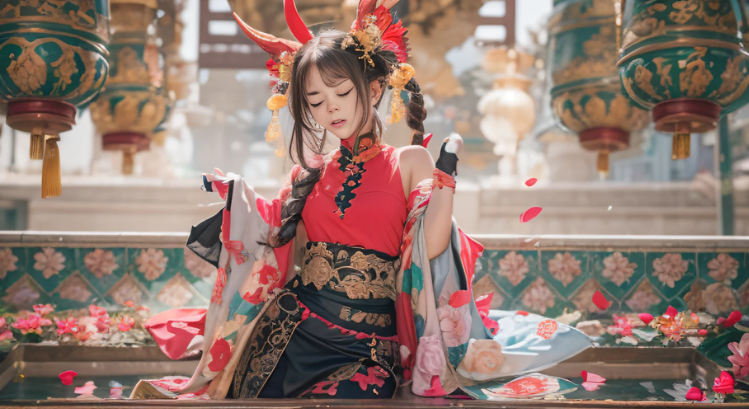 {{{{{illustration}}}}},street, tee shirt, jeans overalls,1 Kung Fu Fairy, Hainan in the 1980s, Retro, Short wavy brunette ponytail, (Masterpiece), (Extremely detailed Cg Unity 8K wallpaper), Intricate, ((Photorealistic)),having fun,With his eyes closed,1girll,Chinese Dragon,Chinese girl,female focus on, {{colored ink drawing}},{{ink spatter}},{{Color splattering}},{{{Colorful}}},{{Sketch}}, Masterpiece,Best quality, Beautifully painted,Highly detailed,Full body 32K(tmasterpiece,k hd,hyper HD,32K) GBFthalatha, Black gloves, black thighhigns, Cape, Draff, brunette color hair, Horns, Large breasts, Long hair, Pointy ears, Miniskirt, Red skirt,, indoor, Cupcakes, cheerfulness, Closed eyes,(abstract ink splash:1.2)Flowing rouge,ponds,zydink, a color, Asian people (faeries), (Silk scarf), Combat posture, looking at the ground, Large rolls of rouge, Flowing rouge curls,Red onyx emerald emerald headdress, Chinese long-sleeved black gold garment, (abstract ink splash:1.2), Pink lotus background,Water lily flower protector(realisticlying:1.4),Rouge hair,The sky is in full swing,Void background pure, A high resolution, the detail, RAW photogr, Sharp Re, Nikon D850 Film Stock Photo by Jefferies Lee 4 Kodak Portra 400 Camera F1.6 shots, Rich colors, ultra-realistic vivid textures, Dramatic lighting, Unreal Engine Art Station Trend, cinestir 800,With his eyes closed,Flowing rouge
