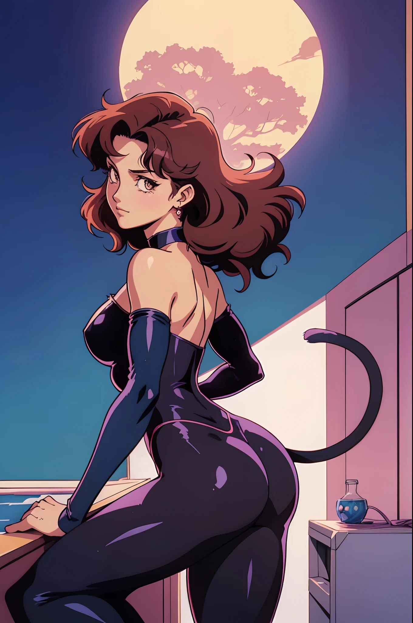 (1980s anime, a bevvy of beautiful catwomen, cat tail)