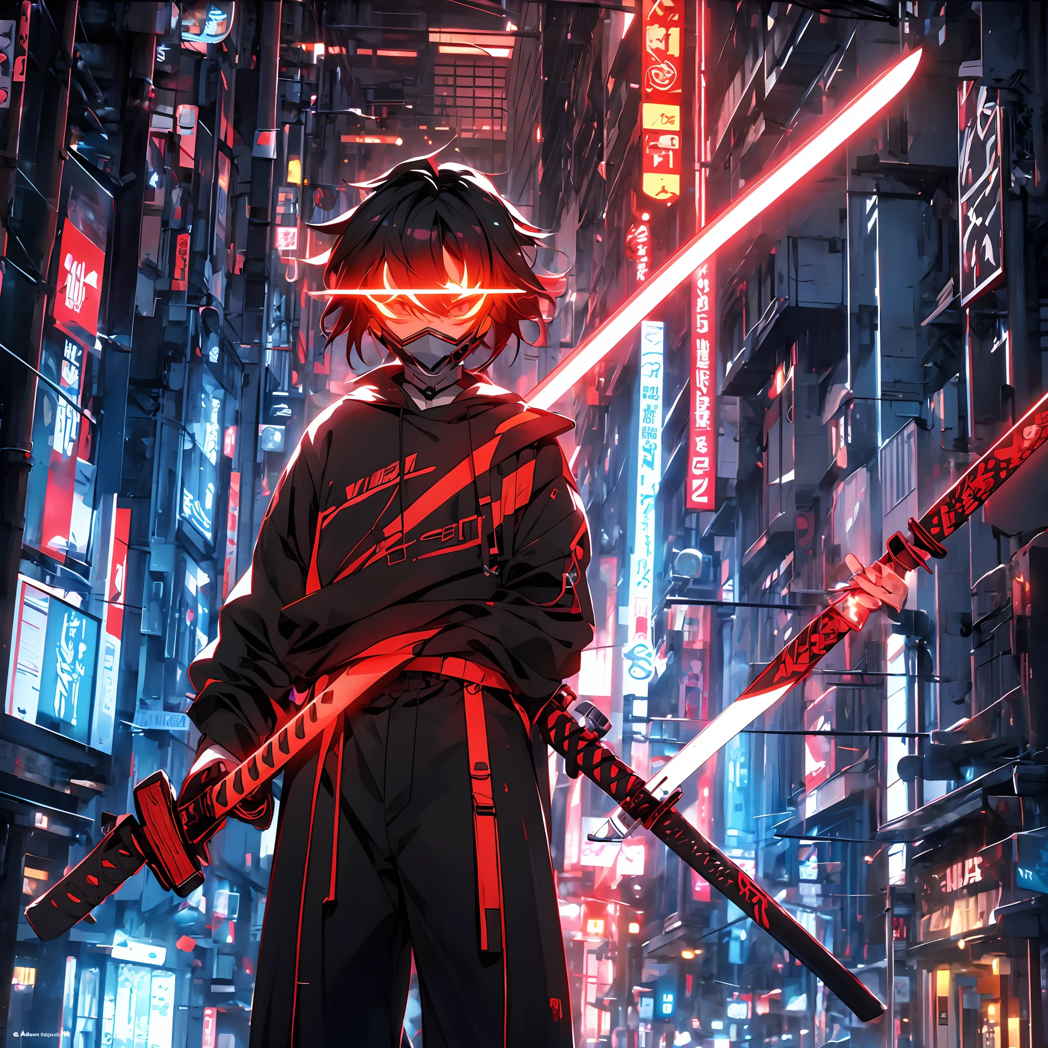 (anime 2D) 1 boy, solo, age 16, Cyberpunk sweatshirt and trousers, red glowing eyes, Black hair, angry face, holding cyber red glowing katana, standing on street, looking towards camera, closcer view, backround is colorful cybernetic city