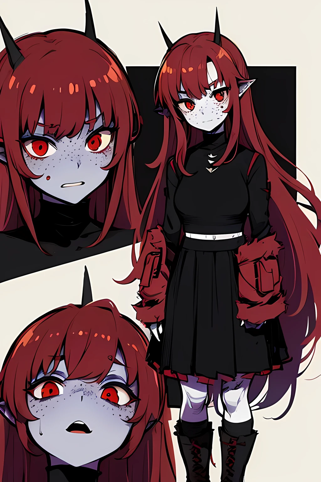 1zombie girl, grey skin, dark red hair, black turtleneck, black leggings, boots, skirt, stitches on body, stitches on face, face closeup, freckles