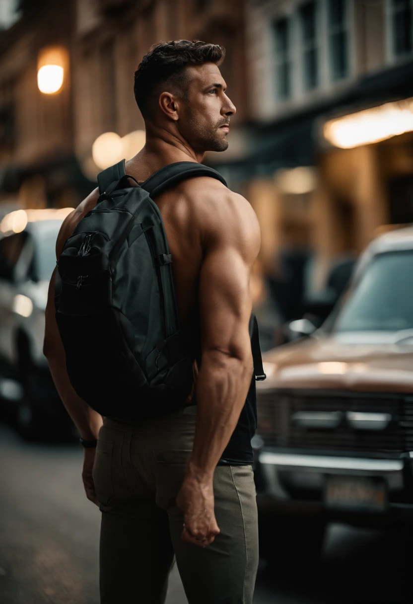 strong muscular man, Street Rage, backpack, magnificent realism, Photo, Faded, complex stuff around, Complex background, Wet, Neutral colors, ((((nffsw)))), (((( Muted colors)))), complex scenes, art stations, Intricate details, Vignette