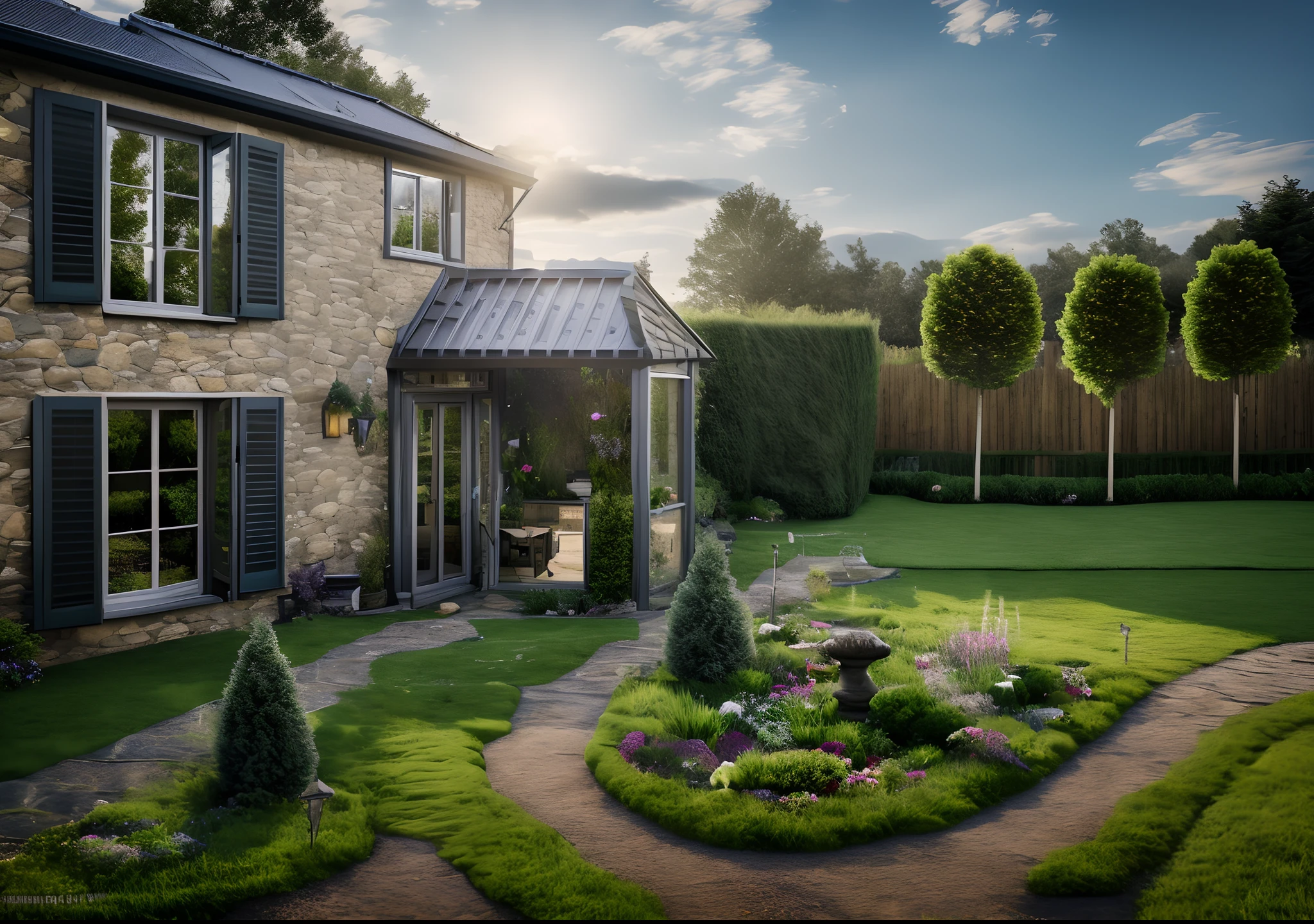 (( best quality)) (( ultral realistic)) photo of garden, close of small house , stone on grass, grass way