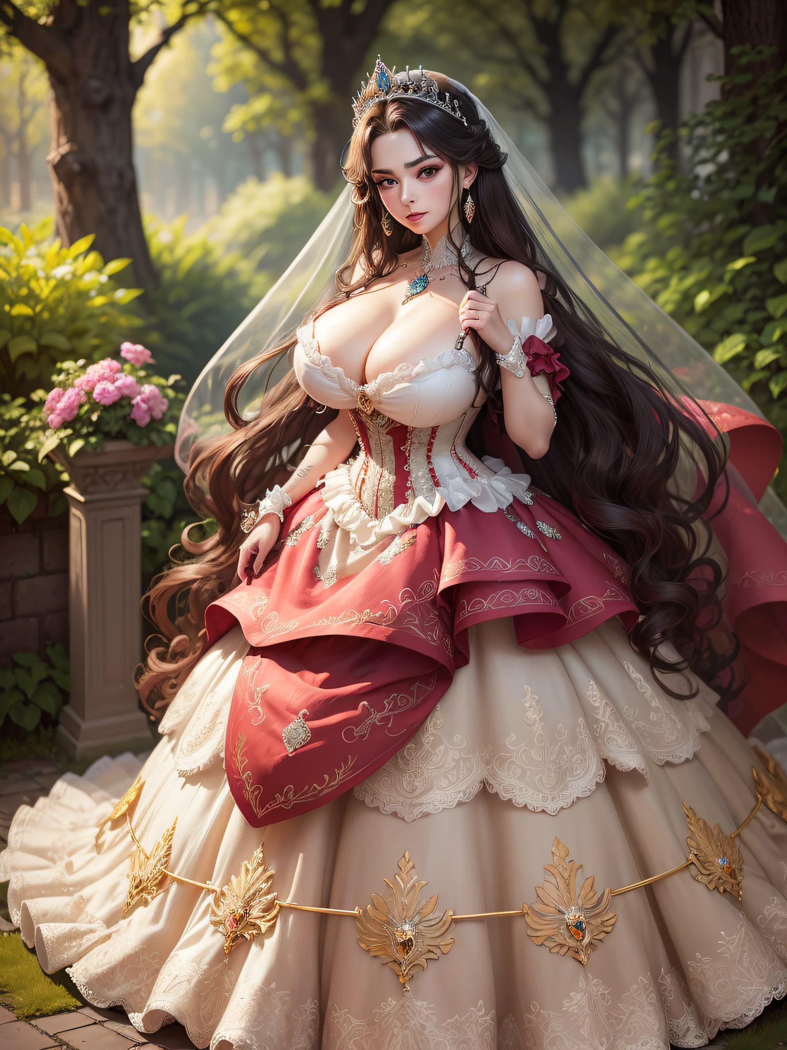 ((anime artstyle)),(Masterpiece),(Best Quality), (Super Detail),((Very Delicate and Beautiful)),cinematic lighting,1 girl,((full body portrait)),((standing in garden)),((solo)),(((1 fairytale princess in gorgeous embroidery and jeweled extremely gorgeous princess ballgown with voluminous full length hoop skirt))),an hourglass waist,padded and corseted bodice,(((huge crinoline hoopskirt))),long train,((gorgeous embroidery and jeweled)),voluminous frills,See-through,(gorgeous embroidery and beautiful lace),(((extremely gigantic tits,skindentation))),cleavage,((large amount of straight hair,extremely voluminous Straight long Hair,Very Long Straight Hair)),(finely detailed face and eyes),clear pupil,extremely gorgeousfull hair ornament,(bling-bling jeweled extremely gorgeousfull tiara),(bling-bling gorgeous gemstone jewelry),gorgeous long veil,((opera gloves)),(beautiful background),(full body),((gorgeous embroidery and jeweled extremely gorgeous princess ballgown with voluminous full length hoop skirt))