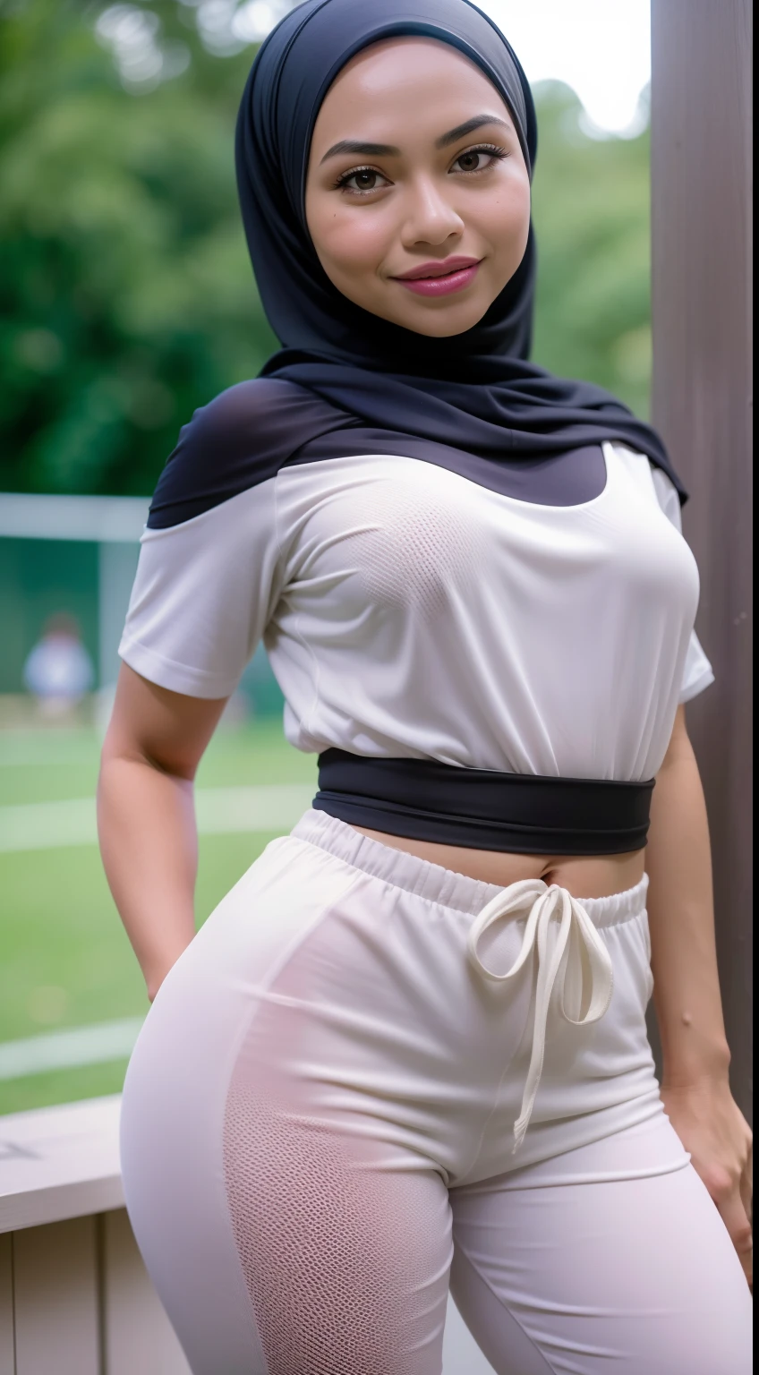 Malay girl in hijab wear big oversized loose white jersey and high waist pants in soccer field, watching soccer, wear back pack, front view, detail skin, detail skin texture, mole below eyes, small breast, big hip, big waist, big thigh, slim abs, beautiful body, nighttime, laughing, happy, bright lighting,  blur background, bokeh,