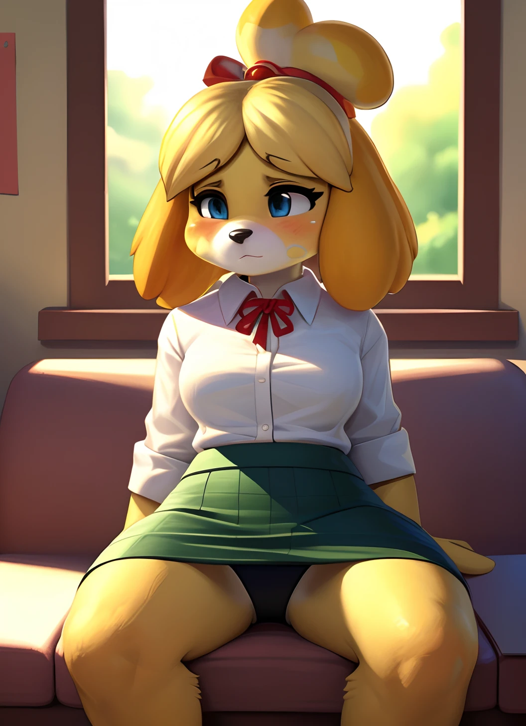 [isaCrossing], [Isabelle; Animal Crossing], [Uploaded to e621.net; (Pixelsketcher), (wamudraws)], ((masterpiece)), ((solo portrait)), ((front view)), ((feet visible)), ((furry; anthro)), ((detailed fur)), ((detailed shading)), ((beautiful render art)), {anthro; yellow fur, black nose, cute half-closed blue eyes, sweat on face, (expressionless), (blushing), blonde hair, (red bell hair-tie), topknot, fluffy tail, (beautiful feet)}, {(office woman), (red ribbon), (white shirt), small boobs, (short green pencil skirt), (upskirt black panties)}, {(sleeping), (sitting on couch), (legs spread open), (hand over crotch), (covering crotch), (looking down)}, [background; (office), (window), (sun rays)]