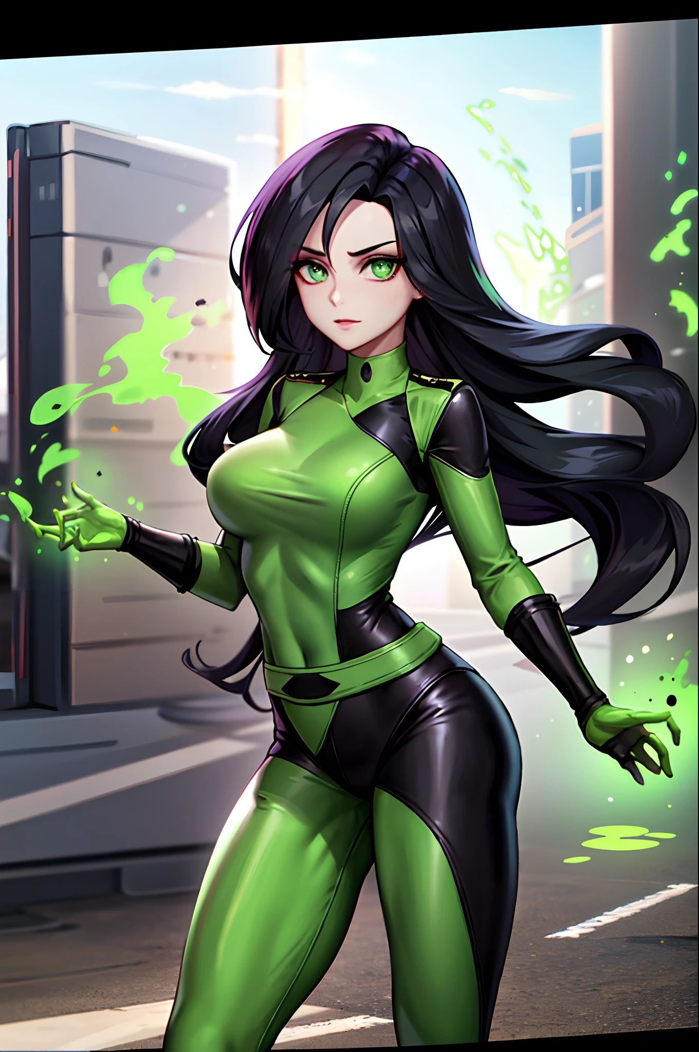 Meisterwerk, best quality, hight resolution, SH1, green eyes, Handschuhe, Mehrfarbiger Body, Schminke, Cowboy erschossen, Zauberei, hands up, stehend, al fresco, road, green fire, Shego von Kim Possible, Bodysuit, glowing, Strahlendes Haar, Schal im Gesicht, Beautiful face, beautiful big doll eyes, Leuchtende Puppenaugen, Kampfposition auf fliegendem Flugzeug in der Luft, Anime-Stil, 4k quality, Realistisches Bild, --ar 4:7, (Meisterwerk, best quality), Komplizierte Details, 8K,Scharfer Fokus, 1girls, full entire body, wide view, zoom out 2x, SH1, green eyes, Handschuhe, Mehrfarbiger Body, Schminke,