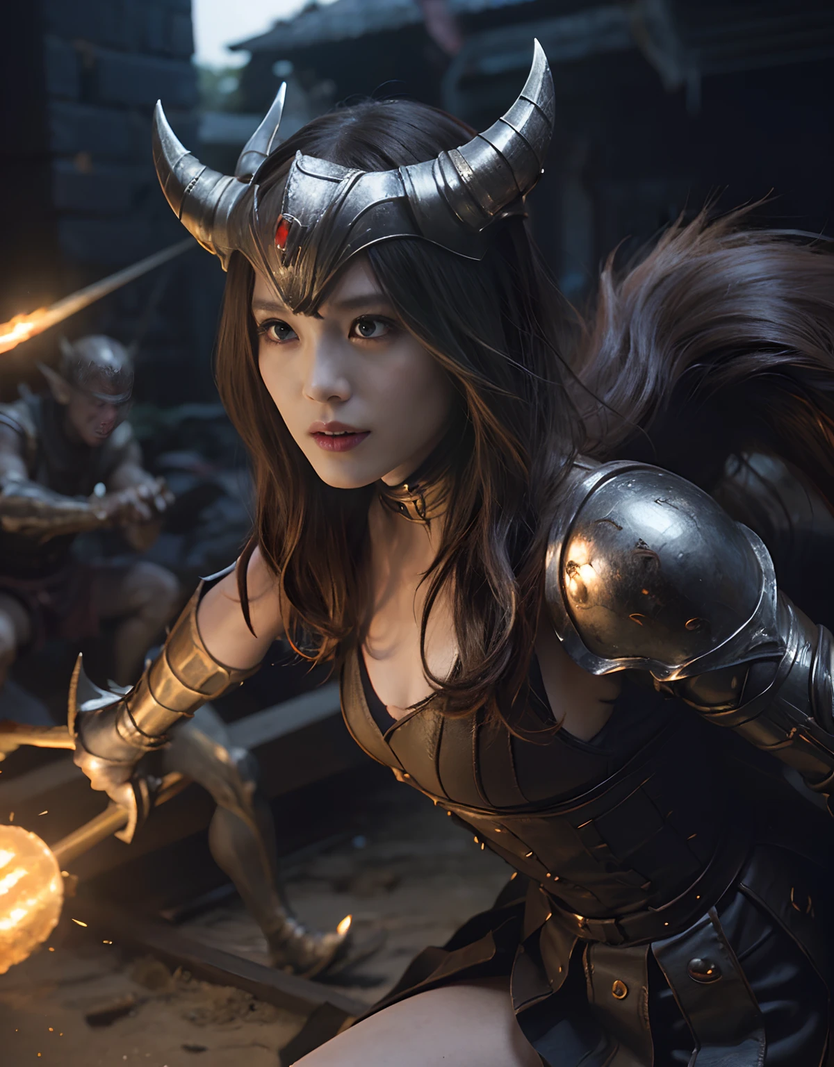 (One Knight Girl)、top-quality、masterpiece、超A high resolution、(Photorealsitic:1.4)、Raw photo、1人、Fight mutants、(Wear the Dark Knight's Armor)、glowy skin、(((Dark Fantasy)))、With a beautiful sword and shield、(Silver Metal Bodysuit)、(Kobold、ogre、Fierce battle with orcs),(Fight fiercely against aliens)、Fight fiercely、(Background of decaying dungeon ruins)、(Knight's helmet)、(Fighting Demonic Beasts)、(Small LED)、((super realistic details))、portlate、(Strong giant demon beast background),globalillumination、Shadow、octan render、8K、ultrasharp、Colossal tits、Raw skin is exposed in cleavage、metals、Details of complex ornaments、Japan details、highly intricate detail、Realistic light、(Mystical expression),CGSoation Trends、Red Eyes、radiant eyes、Facing the camera、neon details、(Mechanical limbs)、(blood vessels connected to tubes)、Mechanical vertebrae attached to the back、mechanical cervical attaching to neck、()、Gundam、Small LED、Toostock、()、(Attack of the Monster Beasts)、(Wounded in a deadly battle)、