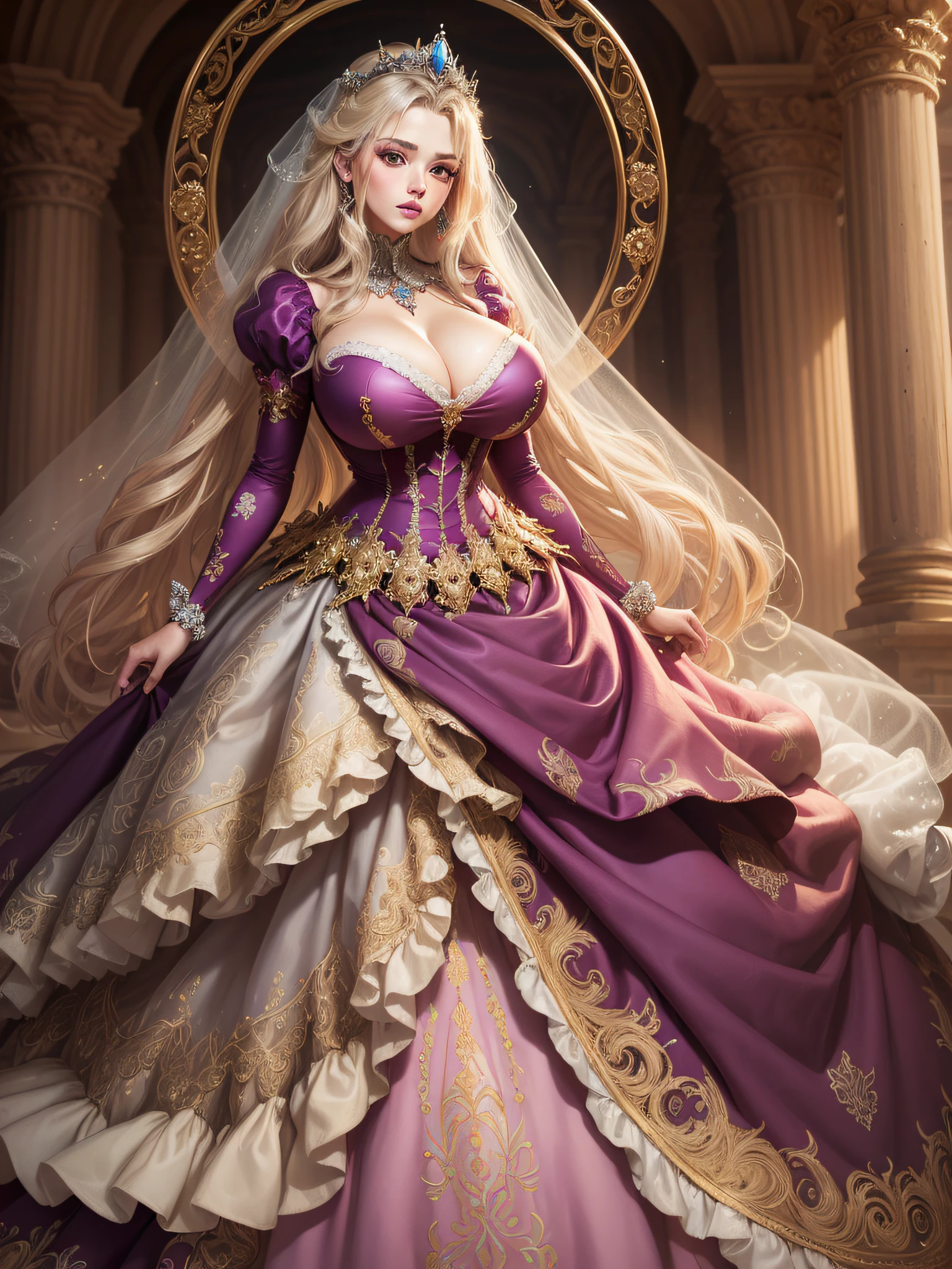 ((anime artstyle)),(Masterpiece),(Best Quality), (Super Detail),((Very Delicate and Beautiful)),cinematic lighting,1 girl,((full body portrait)),((standing in garden)),((solo)),(((1 fairytale princess in gorgeous embroidery and jeweled extremely gorgeous princess ballgown with voluminous full length hoop skirt))),an hourglass waist,padded and corseted bodice,(((huge crinoline hoopskirt))),long train,((gorgeous embroidery and jeweled)),voluminous frills,See-through,(gorgeous embroidery and beautiful lace),(((extremely gigantic tits,skindentation))),cleavage,((large amount of straight hair,extremely voluminous Straight long Hair,Very Long Straight Hair)),(finely detailed face and eyes),clear pupil,extremely gorgeousfull hair ornament,(bling-bling jeweled extremely gorgeousfull tiara),(bling-bling gorgeous gemstone jewelry),gorgeous long veil,((opera gloves)),(beautiful background),(full body),((gorgeous embroidery and jeweled extremely gorgeous princess ballgown with voluminous full length hoop skirt))