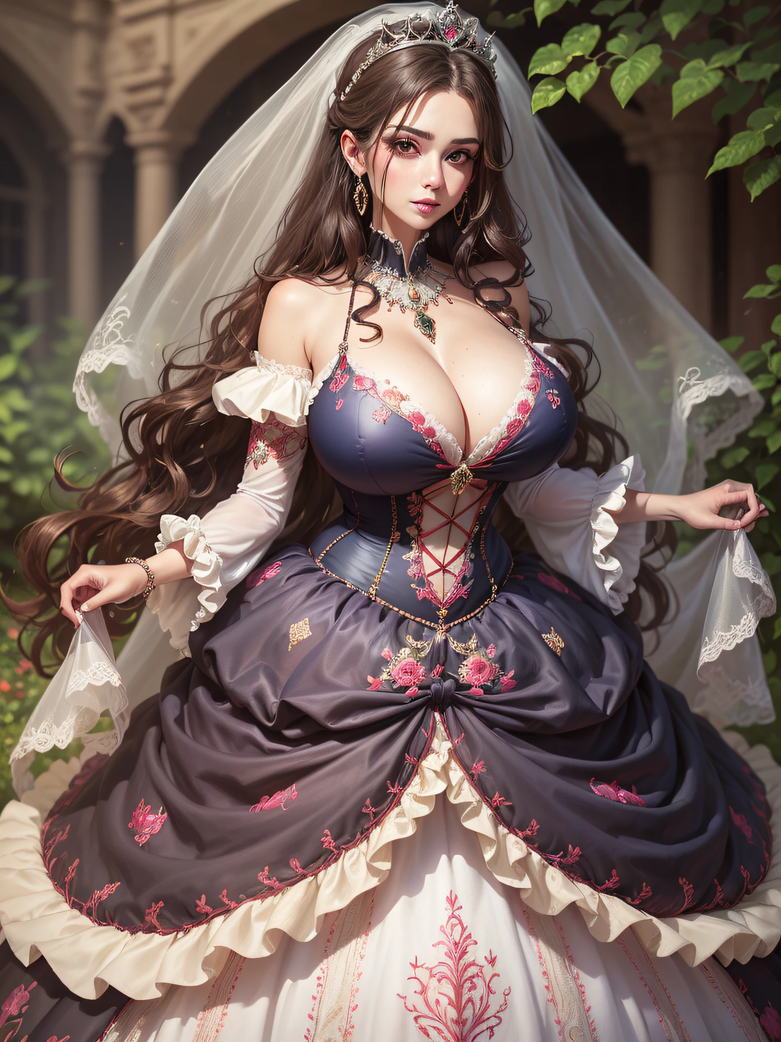 ((anime artstyle)),(Masterpiece),(Best Quality), (Super Detail),((Very Delicate and Beautiful)),cinematic lighting,1 girl,((full body portrait)),((standing in garden)),((solo)),(((1 fairytale princess in gorgeous embroidery and jeweled extremely gorgeous princess ballgown with voluminous full length hoop skirt))),an hourglass waist,padded and corseted bodice,(((huge crinoline hoopskirt))),long train,((gorgeous embroidery and jeweled)),voluminous frills,See-through,(gorgeous embroidery and beautiful lace),(((extremely gigantic tits,skindentation))),cleavage,((large amount of straight hair,extremely voluminous Straight long Hair,Very Long Straight Hair)),(finely detailed face and eyes),clear pupil,extremely gorgeousfull hair ornament,(bling-bling jeweled extremely gorgeousfull tiara),(bling-bling gorgeous gemstone jewelry),gorgeous long veil,((opera gloves)),(beautiful background),(full body),((gorgeous embroidery and jeweled extremely gorgeous princess ballgown with voluminous full length hoop skirt))