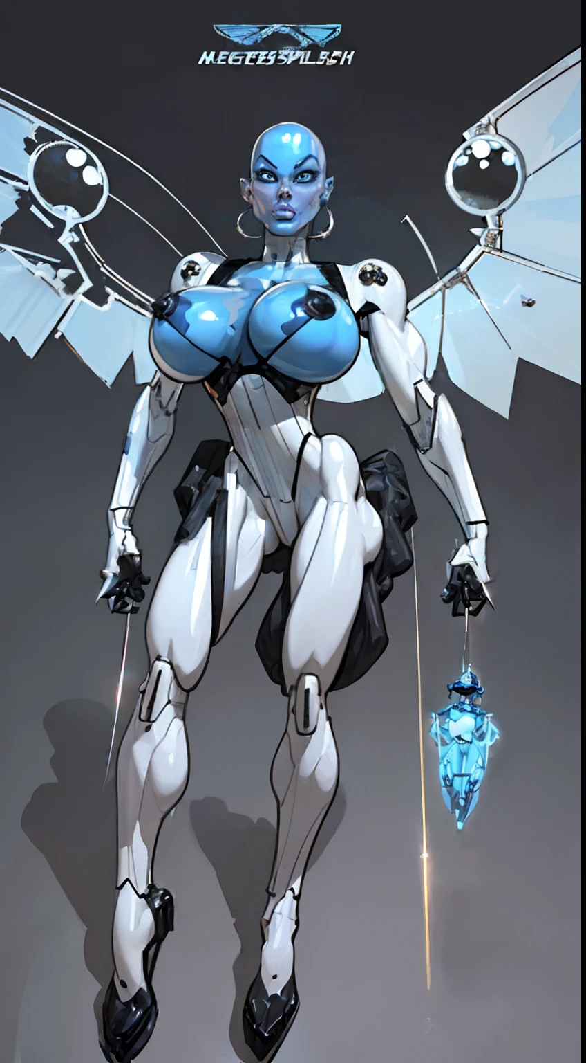 8k ((full body view:1.4)) (large eyes:1.3), defined cheekbones, 1woman, ((the pit style:1.4))((defined jawline:1.2)) ((sleek chrome bodysuit:1.6)) (detailed face:1.5), blue skin,(puffy lips:1.5) (blue skin:1.6), (bald woman:1.7), (skinhead) ((stands confident)),(Muscular:1.3), ((gigantic breasts:1.5)) ((front view:0.6)), )highly detailed, majestic, digital photography, art by artgerm and ruan jia and greg rutkowski, ((metal wings on back:1.4)), (masterpiece, sidelighting, intricate details, black and blue color palette