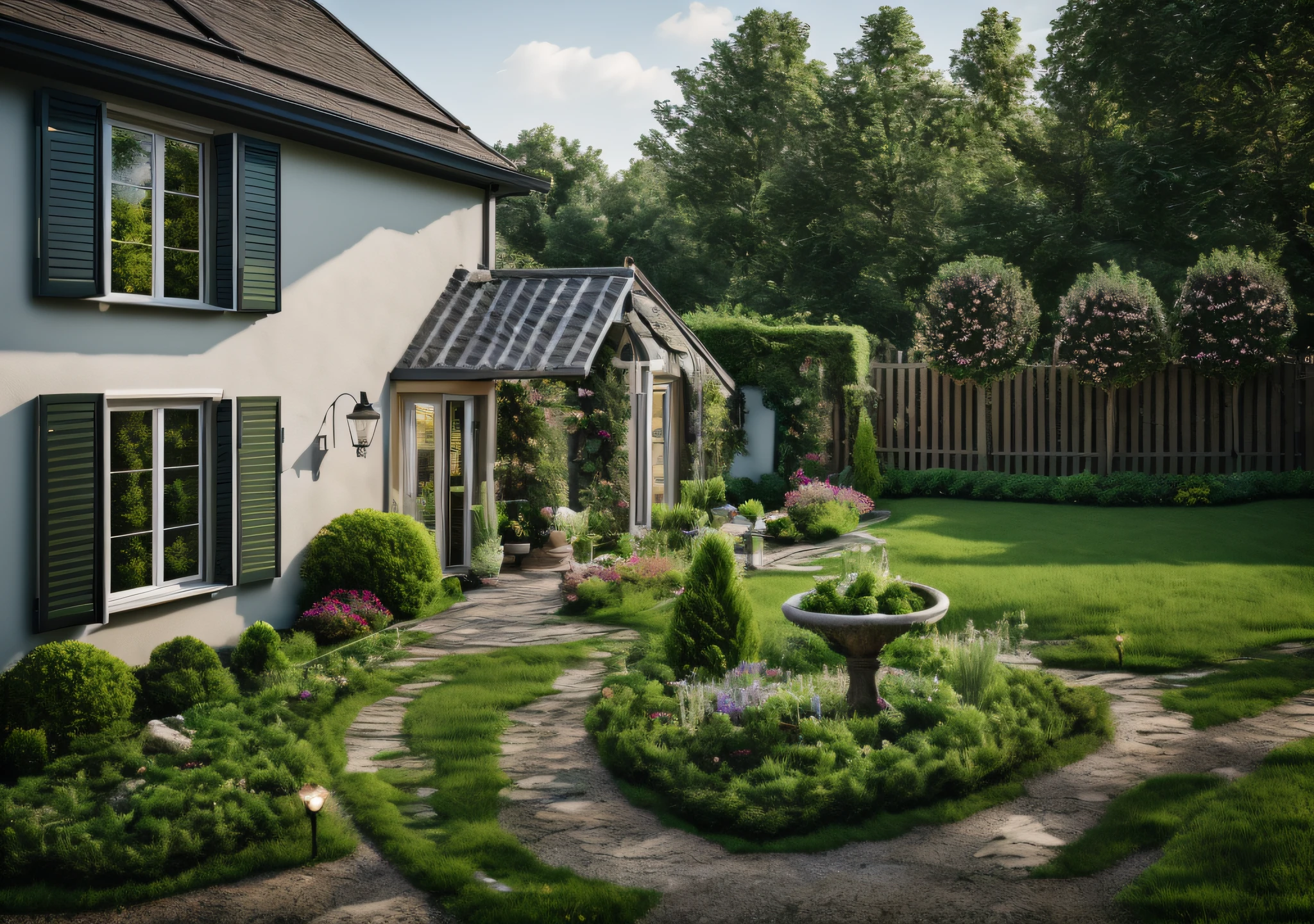 (( best quality)) (( ultral realistic)) photo of garden, close of small house , stone on grass, grass way