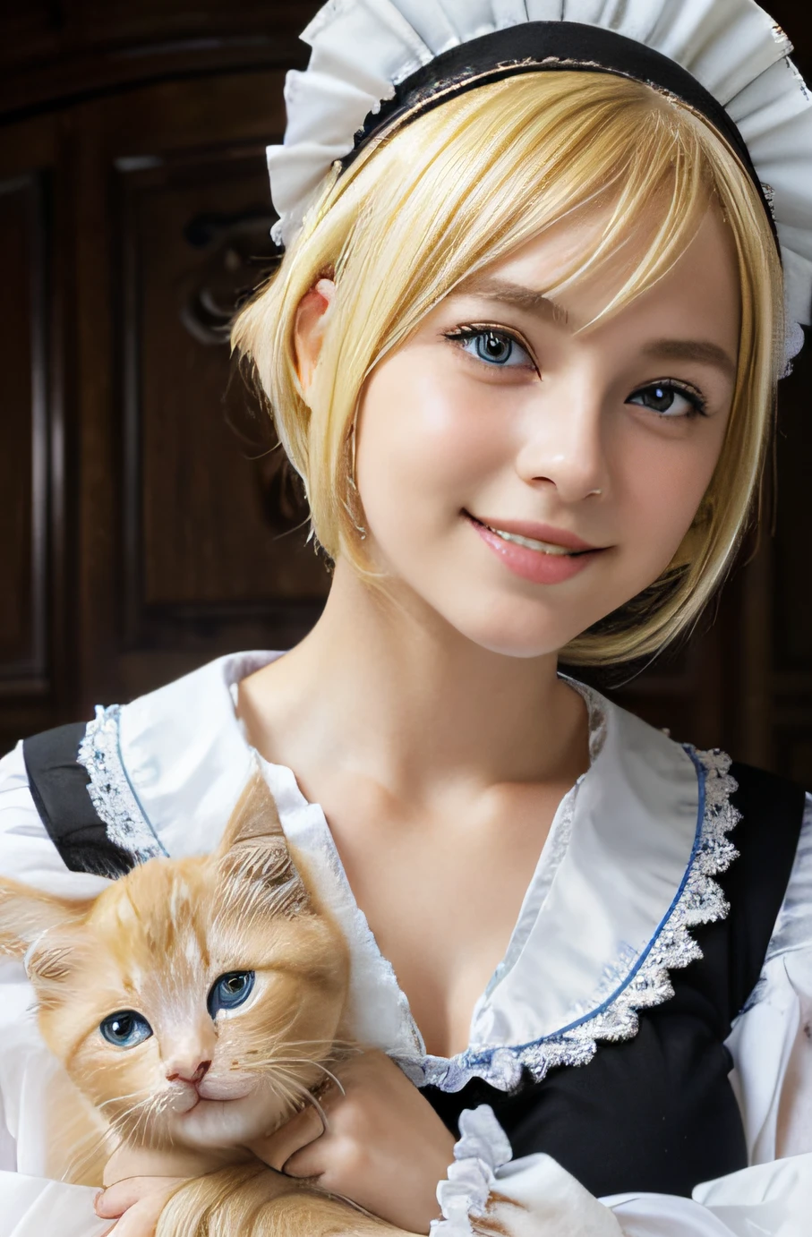 1girl,14 years old,(cleavage between breasts:1.4), european girl, (bright blonde hair:1.4), blue eyes, beautiful eyes, extremely pretty, cute, perfect face, fascinating smile, captivating smile, happy smile, large round eyes, Gentle facial expression, (holding a cute kitten:1.3), looking at viewer, masterpiece,realistic, white panties,round big eyes, shiny skin,small nostrils,light makeup, (french traditional black maid costume:1.2) ,maid headdress, short hair, socks, shallow depth of field,