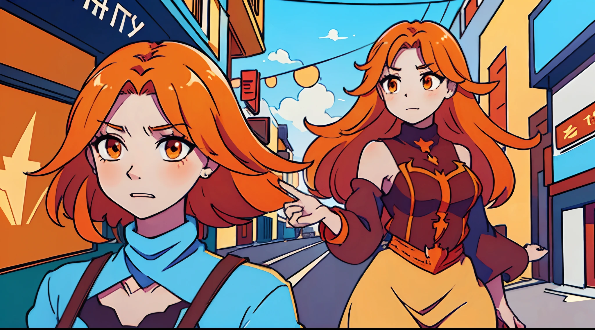 (best-quality:0.8), (best-quality:0.8), perfect anime illustration, portrait of a pretty woman with orange hair walking through the city