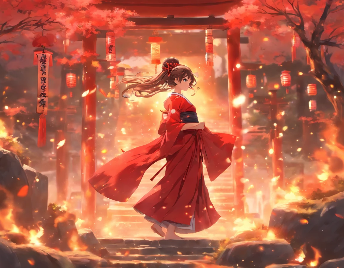 Shrine maiden, red hakama, shrine, fire landscape . --ar 5:7 --niji 5 --style cute