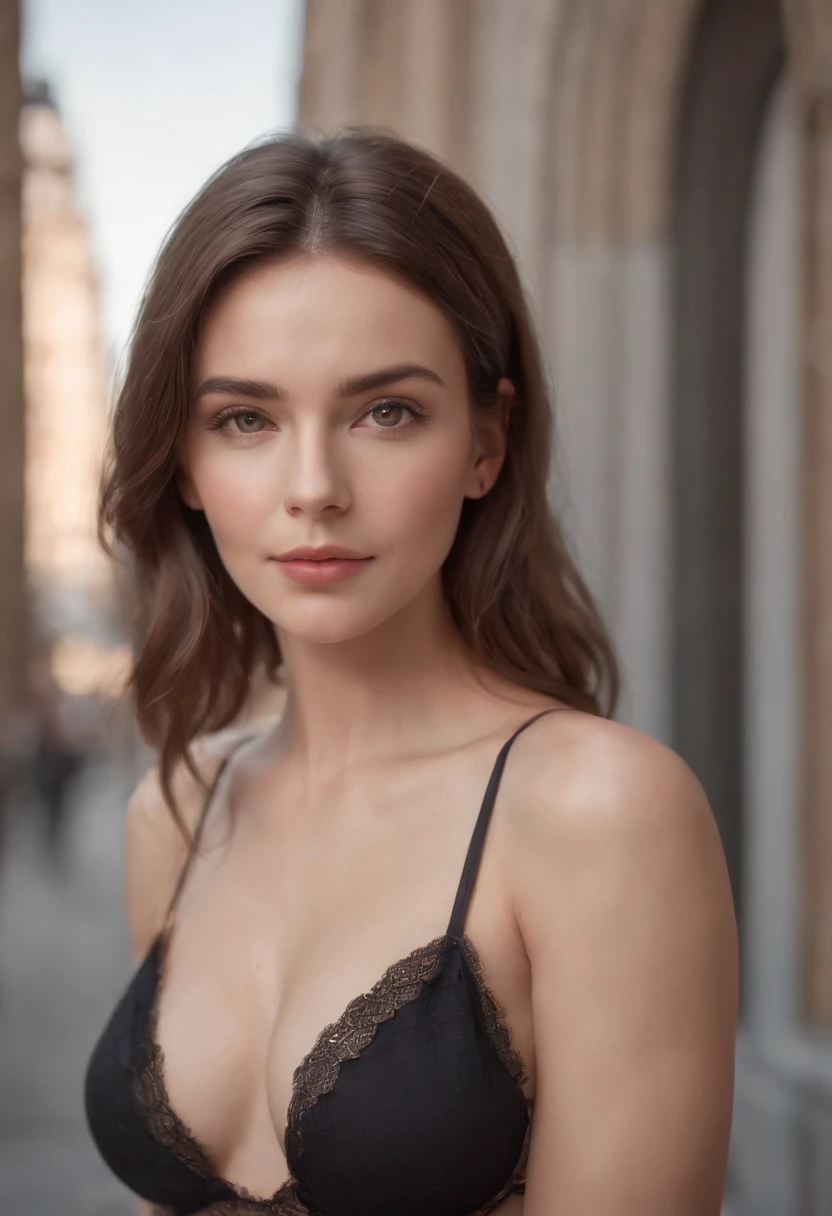 Portrait of confident Caucasian woman with medium thick hair, Hazel eyes looking at camera ,T-back underwear: 1.1, In the city, ((Best Quality, 8K, masutepiece: 1.3)), ( Big F Cup Same), make the nipples more protruding、Perfect composition, hyper realisitic, super detailed, 8K, High quality, trending art, Trending on ArtStation, Sharp Focus, studio photo, Intricate details, Highly detailed, art by greg rutkowski