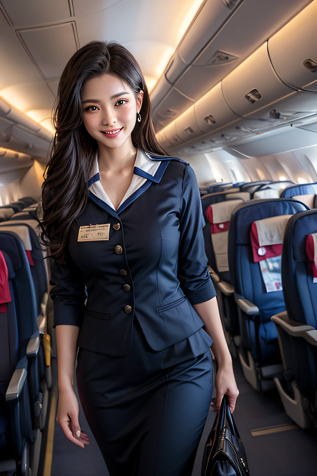 1womanl, 40 years、hyperdetailed face、Detailed lips、A detailed eye、二重まぶた、(Black bob hair、Smiling while walking gracefully down the aisle)、(Stewardess uniform:1.2)、(Glamorous body)、(Colossal tits)、thighs thighs thighs thighs, Perfect fit, Perfect image realism, Background with: (Business Class aisle on airplanes:1.2), Cowboy Shot, In-depth background, detailed costume, Perfect litthing、Hyper-Realism、(Photorealsitic:1.4)、8K maximum resolution, (masterpiece), ighly detailed, Professional