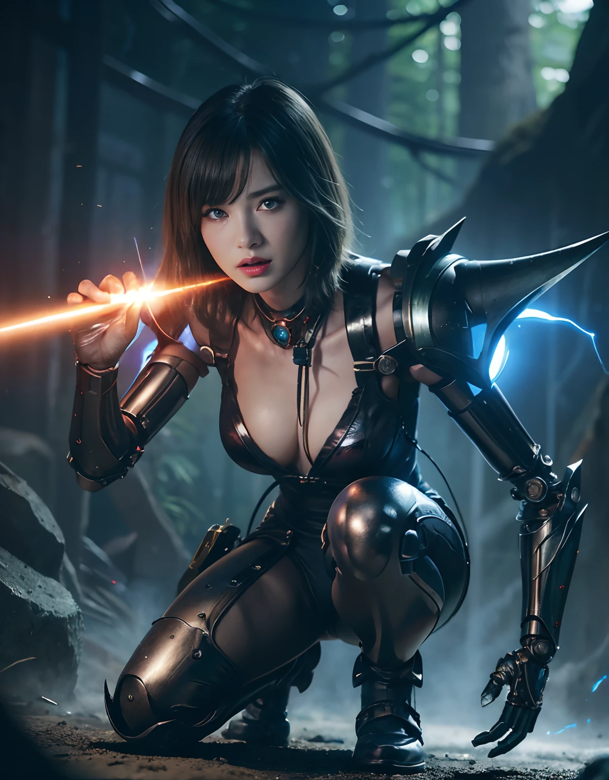 (1 Mechanical Girl)、top-quality、​masterpiece、超A high resolution、(Photorealsitic:1.4)、Raw photo、女の子1人、Fight mutants、glowy skin、(((1 Mechanical Girl)))、With a beautiful knife、（Green Metal Bodysuit）、(Kobold、ogre、Fierce battle with orcs),（Fight fiercely against aliens）、Fight fiercely、(beautiful forest background)、(Fighting Demonic Beasts)、(Small LED)、((super realistic details))、portlate、(Strong giant demon beast background),globalillumination、Shadow、octan render、8K、ultrasharp、Colossal tits、Raw skin is exposed in cleavage、metals、Details of complex ornaments、Japan details、highly intricate detail、Realistic light、(Mystical expression),CGSoation Trends、Blue eyes、radiant eyes、Facing the camera、neon details、(Mechanical limbs)、(blood vessels connected to tubes)、Mechanical vertebrae attached to the back、mechanical cervical attaching to neck、(Wires and cables connecting to the head)、Gundam、Small LED、,Mechanical thighs、Toostock、（Hands are also made of machines）、（Attack of the Monster Beasts）、（Wounded in a deadly battle）、