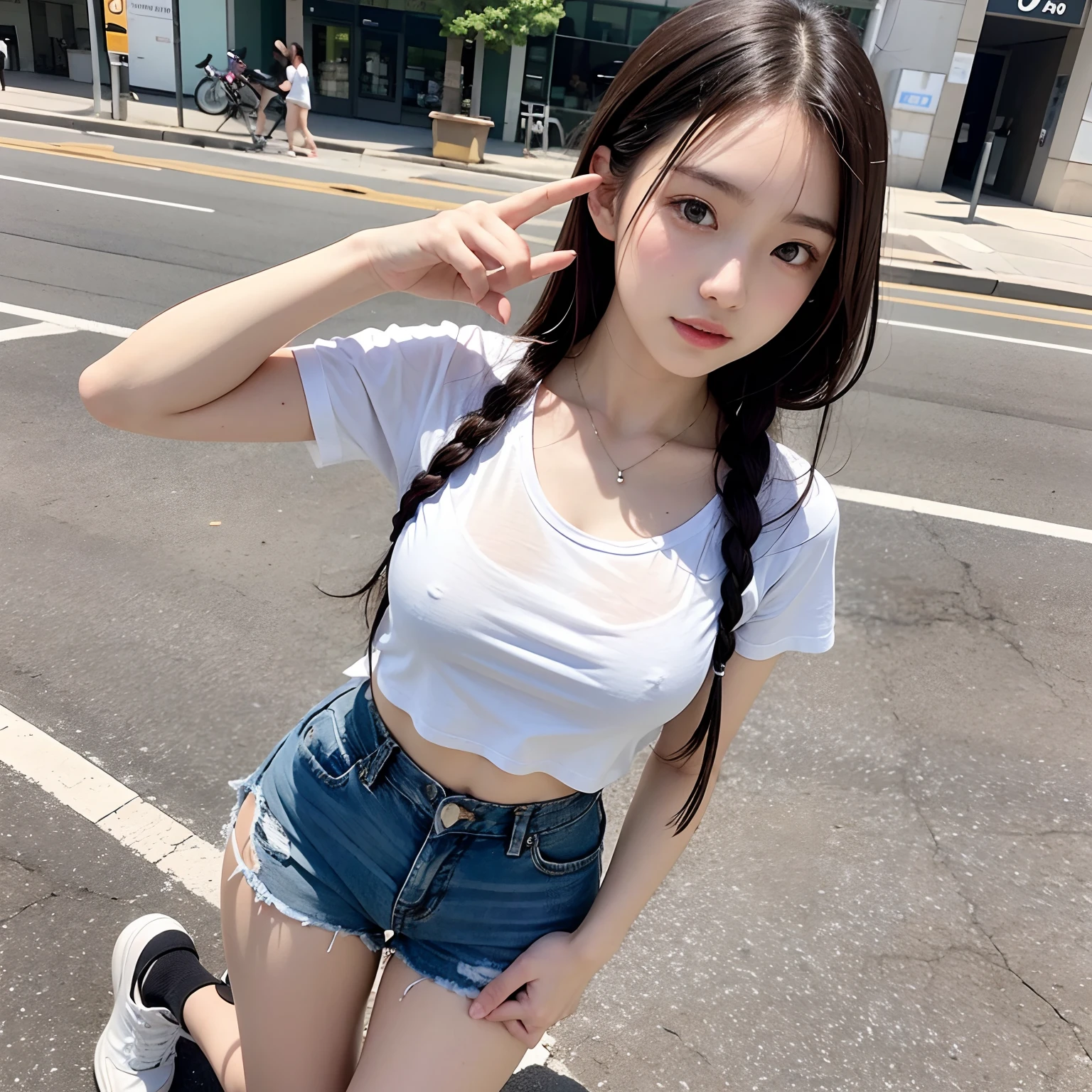 18-year-old Japanese woman，Skinny white T-shirt，The hem is knotted to reveal the waist，Denim super shorts，White sneakers，On the lively streets，(Best quality), (Masterpiece), (A high resolution), Original, Extremely detailed 8k wallpaper, (An extremely delicate)