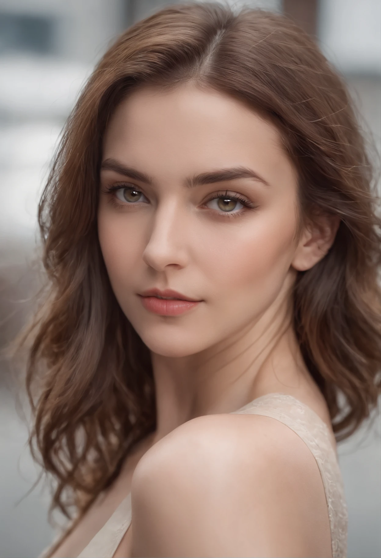Portrait of confident Caucasian woman with medium thick hair, Hazel eyes looking at camera ,T-back underwear: 1.1, In the city, ((Best Quality, 8K, masutepiece: 1.3)), ( Big F Cup Same), make the nipples more protruding、Perfect composition, hyper realisitic, super detailed, 8K, High quality, trending art, Trending on ArtStation, Sharp Focus, studio photo, Intricate details, Highly detailed, art by greg rutkowski